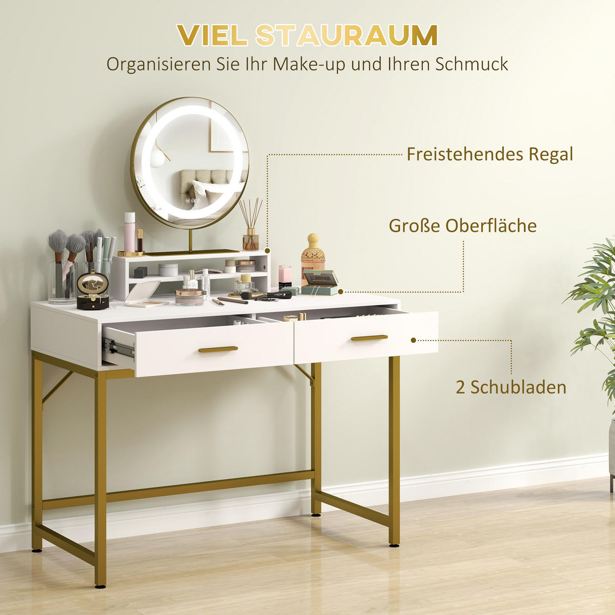 SCHMINKTISCH mit LED Beleuchtung, 100 x 50 x 137,5 cm, Weiß - Weiß, Holzwerkstoff (100/137.5/50cm) - HOMCOM