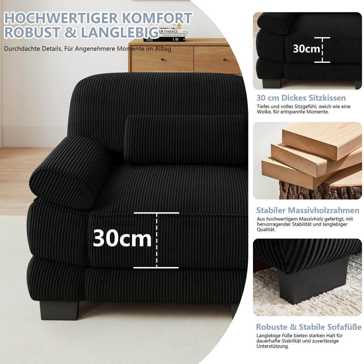 ECKSOFA 3-Sitzer L-Form mit Hocker, DE-42659, Schwarz - Schwarz, Holz (265/161cm) - ComfortXL