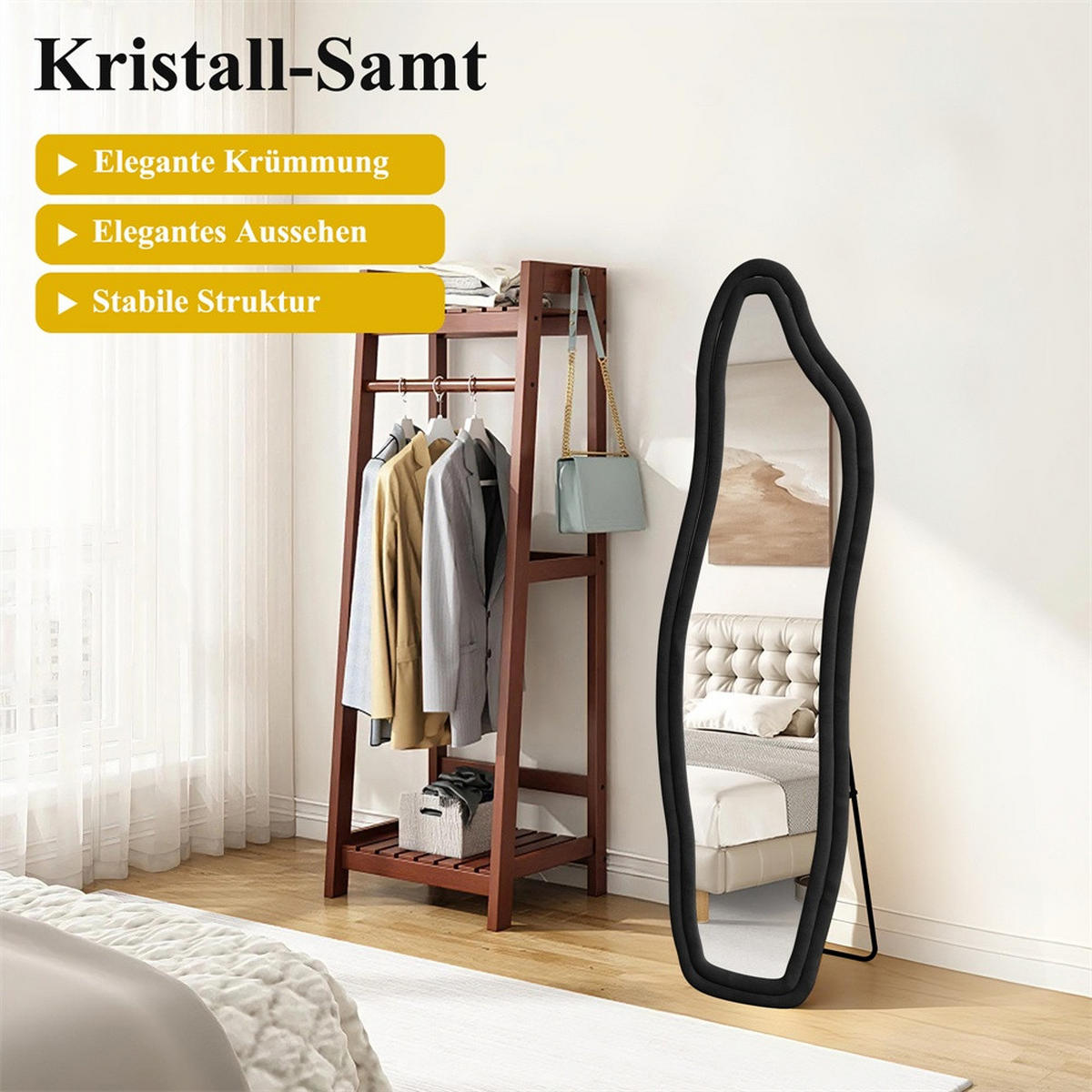 GANZKÖRPERSPIEGEL - Standspiegel - 160x50 cm - Dolphin Wave - mit Samtbezug Schwarz - Schwarz, Glas (50/160/4cm) - DELFA