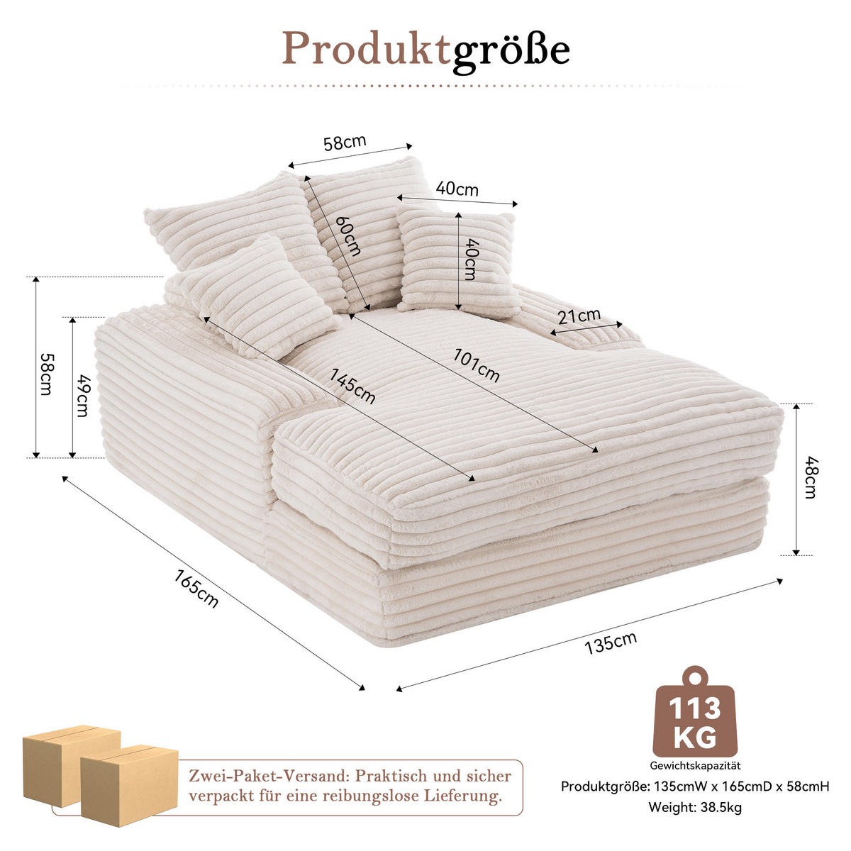 2-SITZER SOFA Cord Beige mit 4 Kissen - Beige, Textil (165/58/135cm) - WISHDOR