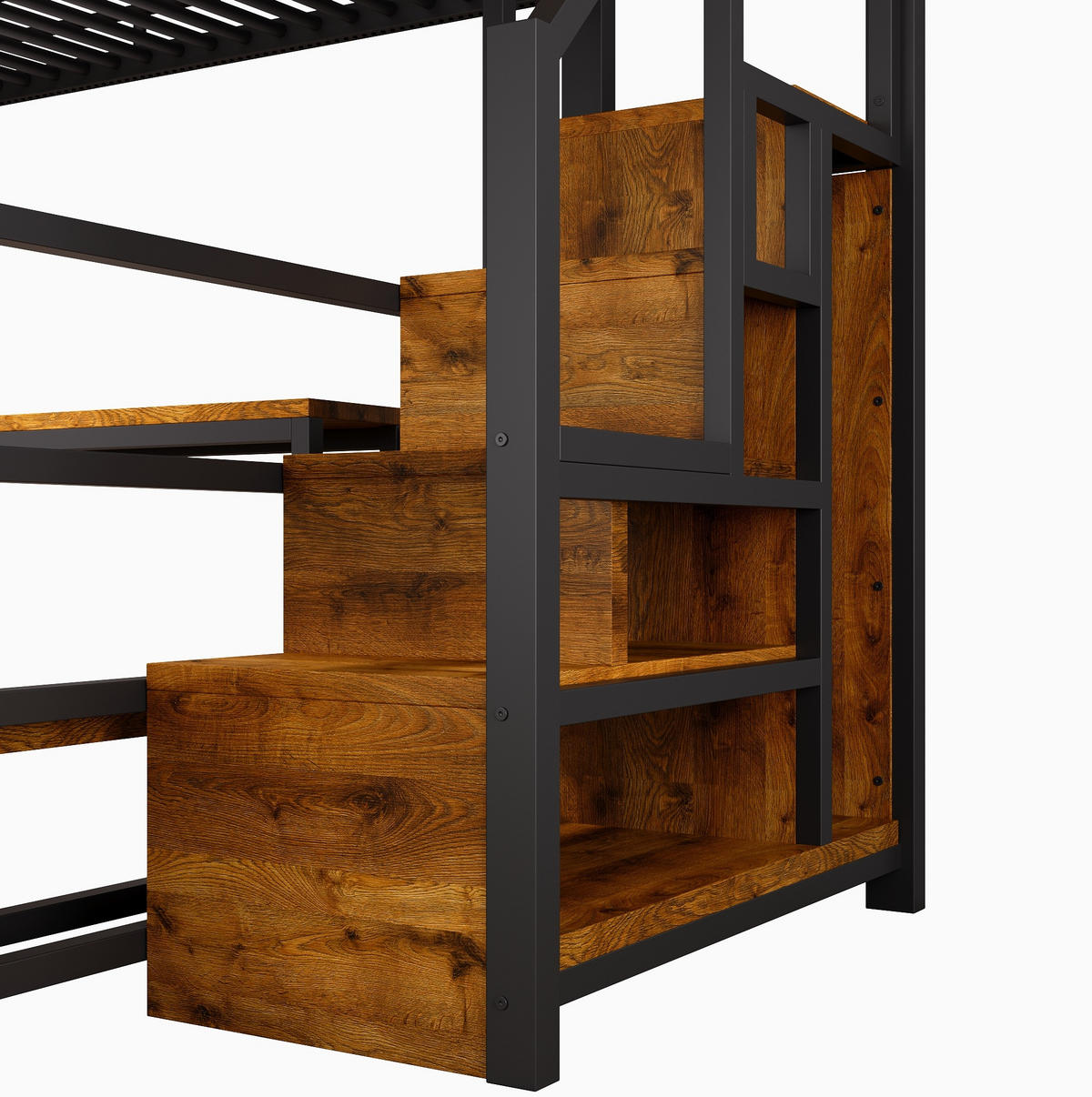HOCHBETT Metall & MDF 140x200 cm Schwarz mit Schreibtisch, Stauraum, LED und USB/USB-C - Schwarz, Holzwerkstoff (140/200cm) - Modfu