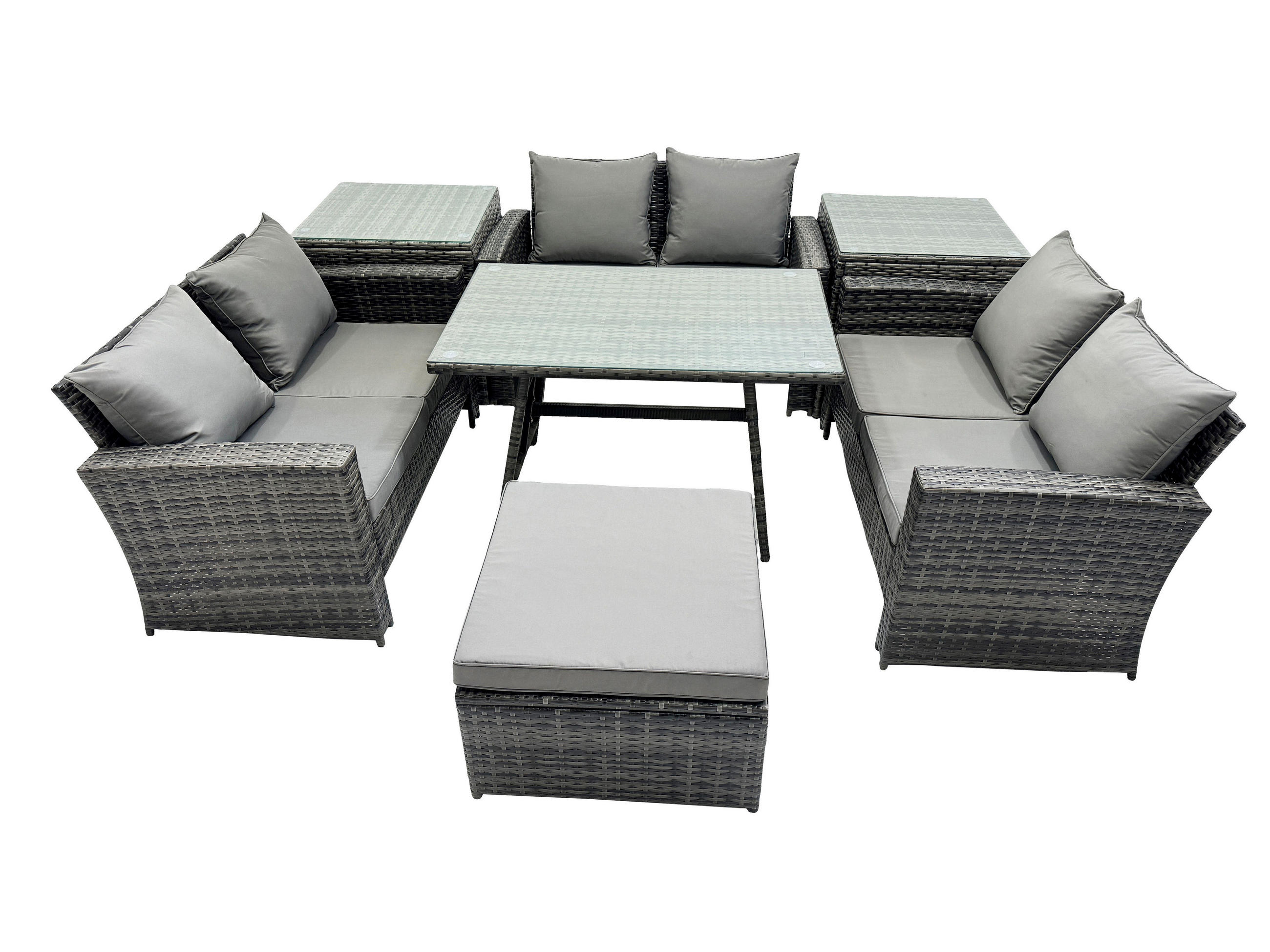 GARTENMÖBELSET mit ESSTISCH,HOCHLEHNER-SOFA Polyrattan Dunkelgrauer Mix 7-Sitzer - Dunkelgrau/Grau, Glas/Kunststoff - Fimous