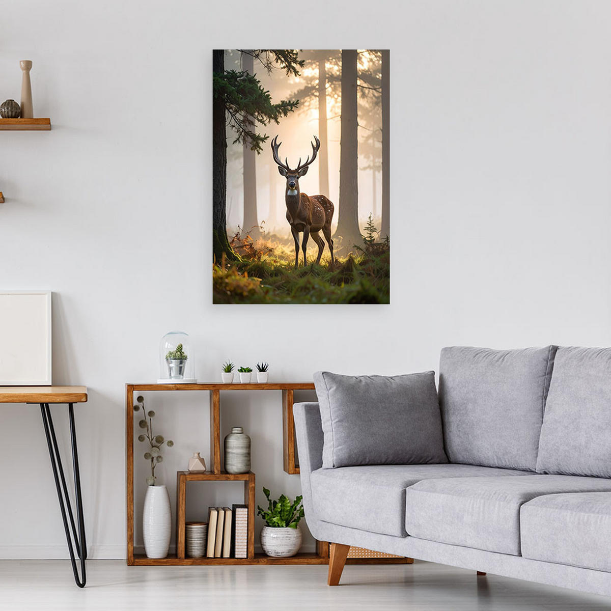 WANDBILD, Hirsch Wald im Nebel Landschaft - Grau, Textil (70/100cm) - Feeby