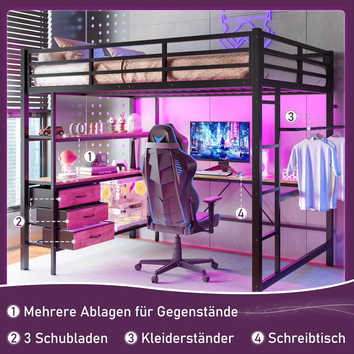 HOCHBETT 140/200 cm aus Metall mit LED-Beleuchtung, Schreibtisch und Stauraum - Schwarz, Metall (140/200cm) - Flora Grace