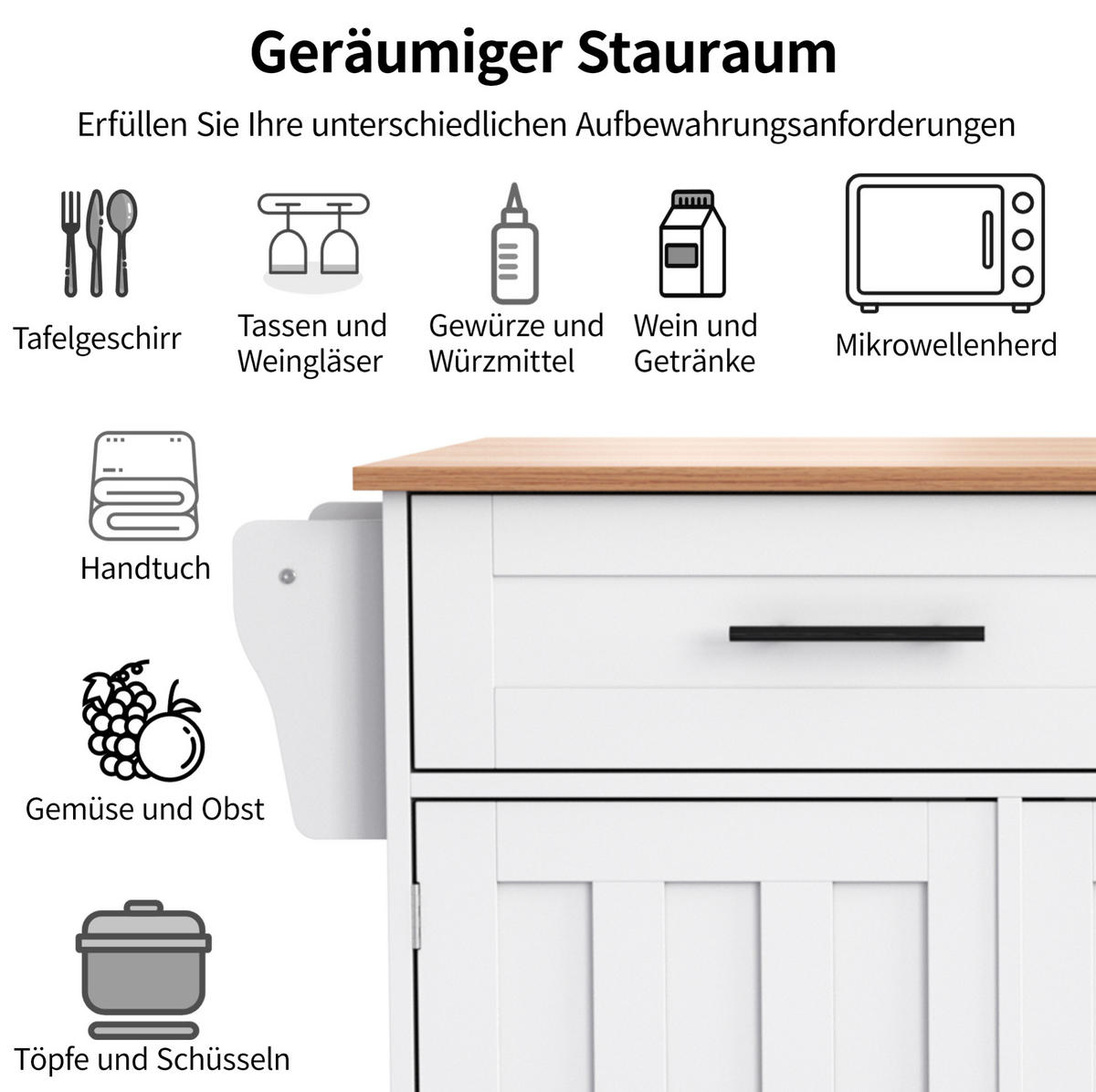 KÜCHENINSEL aus MDF 129x46x91,5 cm Weiß mit klappbarer Arbeitsplatte, Stauraum, Rädern und wechselbaren Massivholzfüßen - Weiß, Holzwerkstoff (120/91.5/46cm) - Modfu