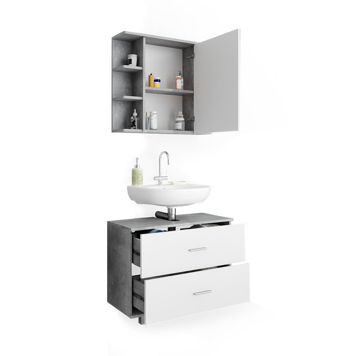 BADMÖBEL-SET Ilias Beton/Weiß 2 Teile, Unterschrank 80 cm - Weiß/Grau, Holzwerkstoff (80.2/60.8/33cm) - Vicco