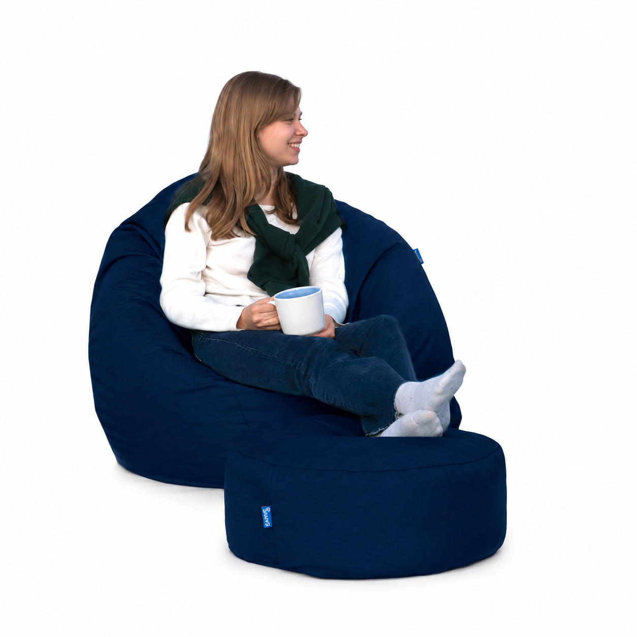 SITZSACK Classico L und HOCKER Pouf M blaugrau - Blaugrau, Kunststoff (90/90/90cm) - Bruni