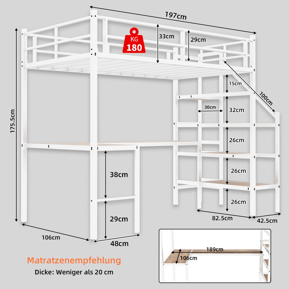 HOCHBETT Schreibtisch L Form Stauraum - Weiß, Metall - LEBENLANG