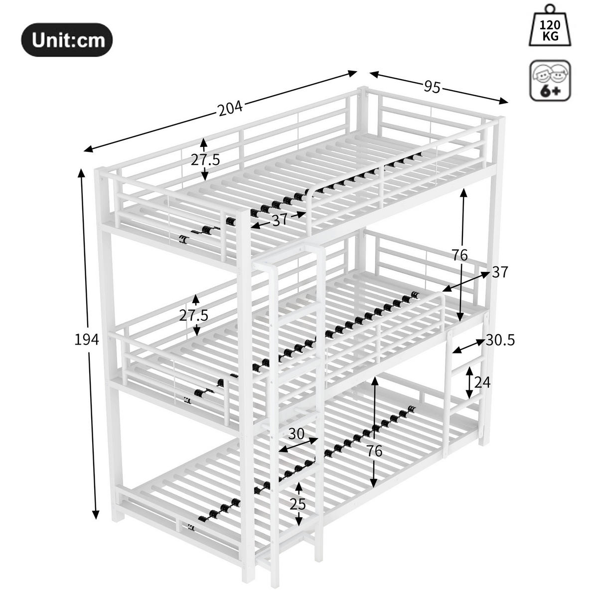 ETAGENBETT 90/200 cm aus Metall in Weiß, Dreifachbett mit Leiter - Weiß, Metall (90/200cm) - OKMYHOME