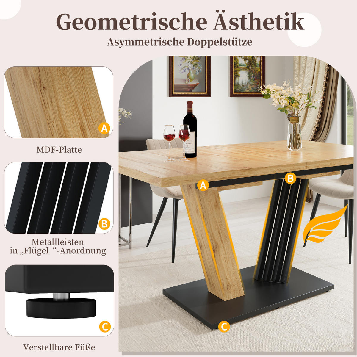 AUSZIEH-ESSTISCH MDF in Holzoptik, 120/160/80/76 cm, verstellbare Füße, Naturfarben - Naturfarben, Holzwerkstoff (120/80/76cm) - Redom