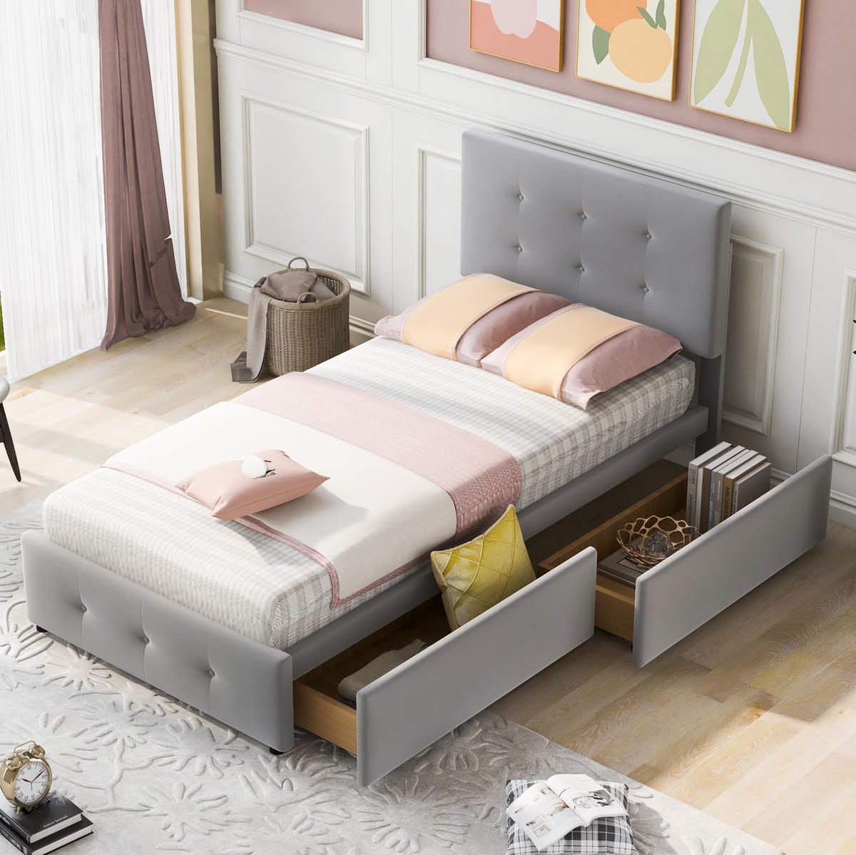 POLSTERBETT aus Samt 90x200 cm in Grau mit Schublade & Lattenrost - Grau, Textil (90/200cm) - Modfu