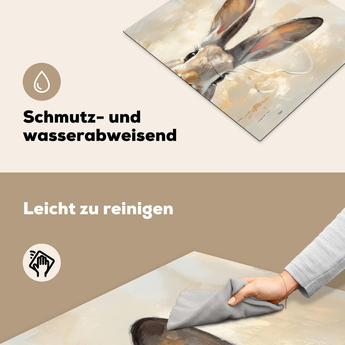 HERDABDECKPLATTE Hase - Ohren - Braun Herdabdeckung Induktionsfeld 60x52 cm - Beige, Kunststoff (60/52/0.2cm) - MuchoWow