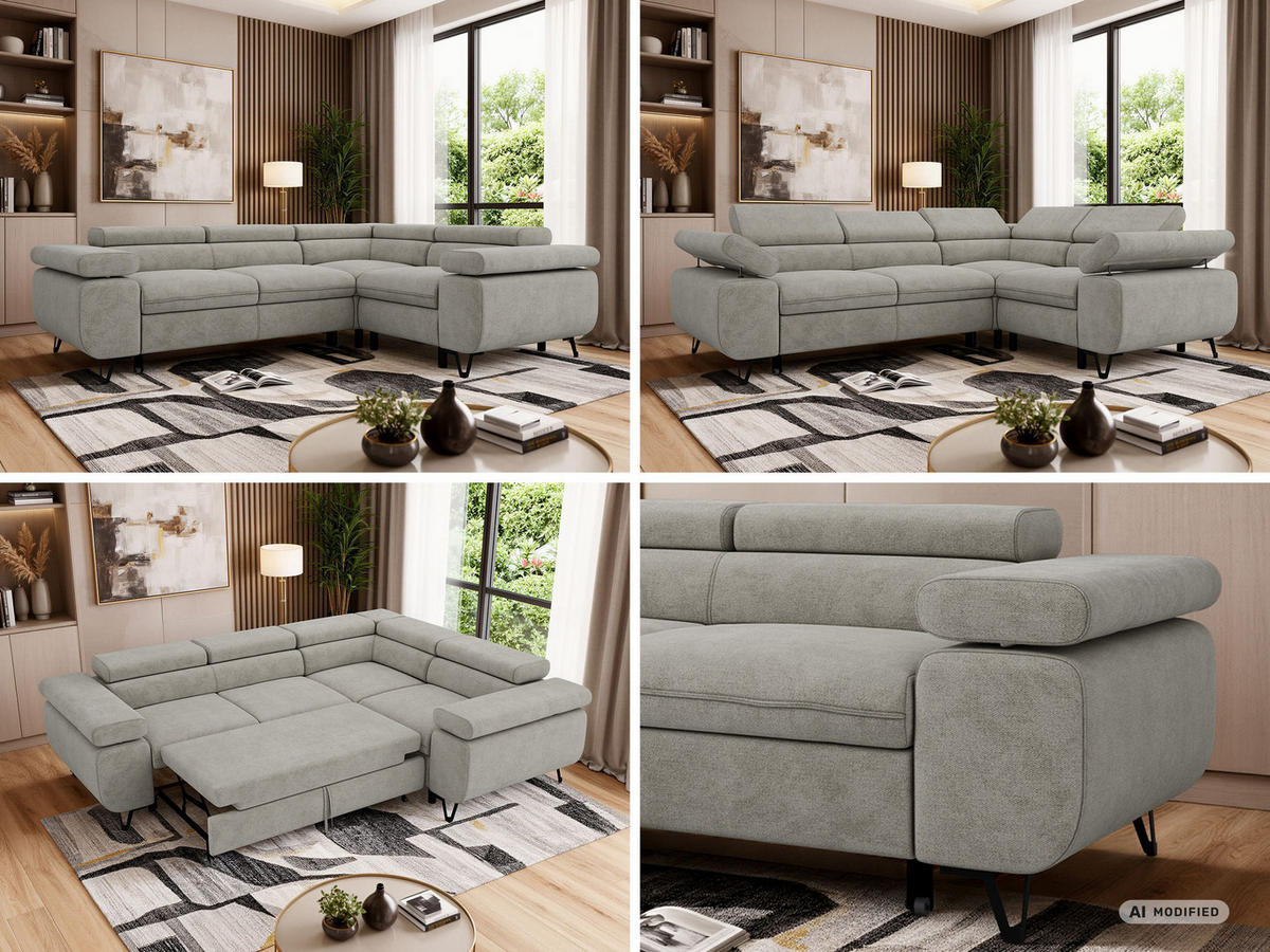 ECKSOFA FALCO L - Hellgrau Stukture - Rechts Seite - Hellgrau/Schwarz, Textil/Metall (268/197cm) - MKS