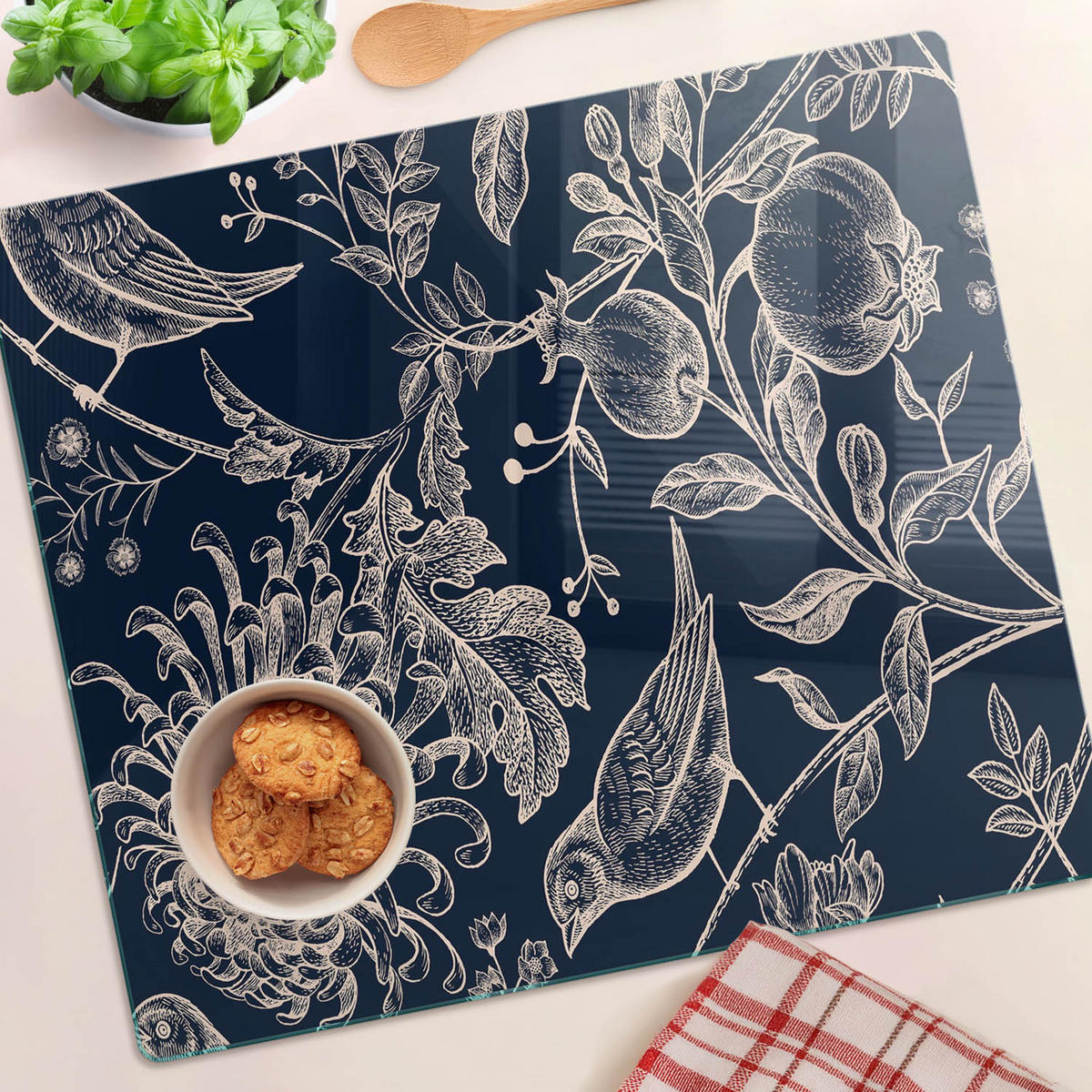GLASPLATTE 60x52 cm Blumen und Vögel - Blau, Glas (60/0.4/52cm) - TULUP