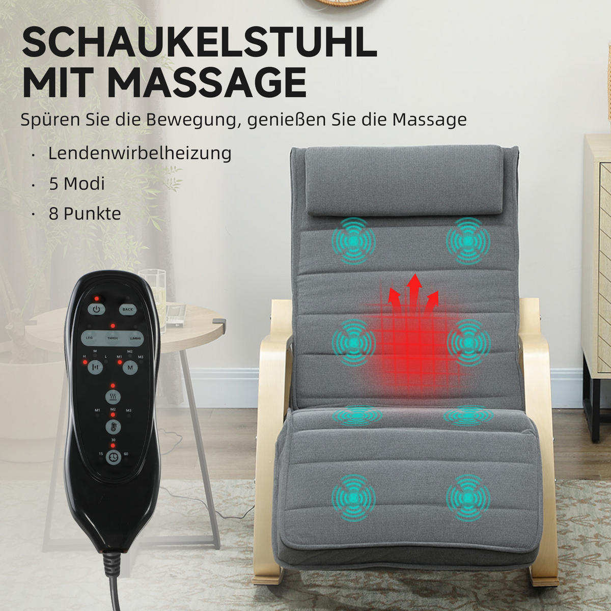 SCHAUKELSTUHL Schaukelsessel mit Massagefunktion, Kopfstütze, Fußstütze, Grau - Naturfarben/Grau, Holz/Textil (67/92/106cm) - HOMCOM