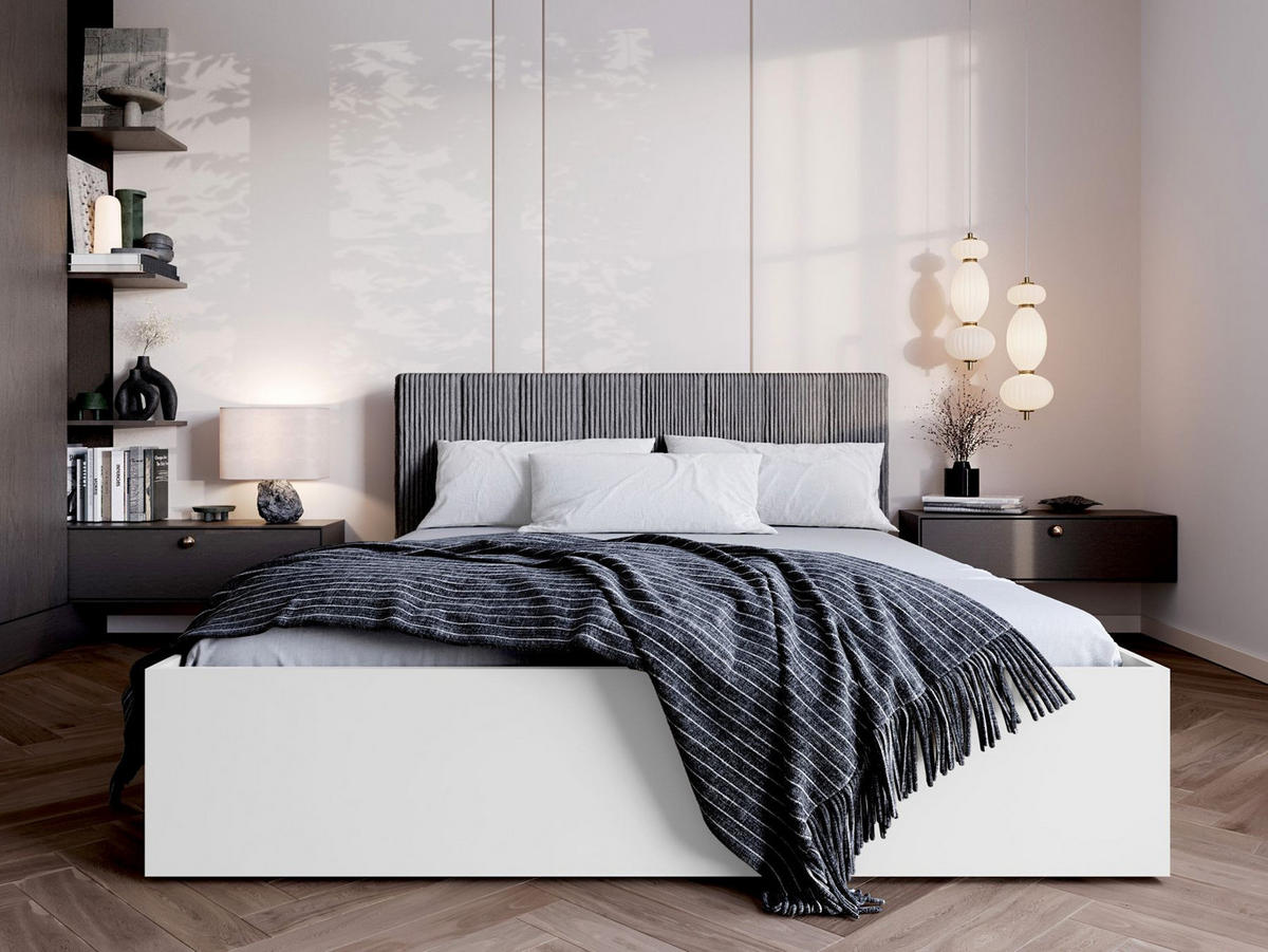 BETT Weiß STYLE Mit Gepolstertem Grauem Kopfteil 120x200 cm - Grau, Textil (120/200cm) - Sepro Meble