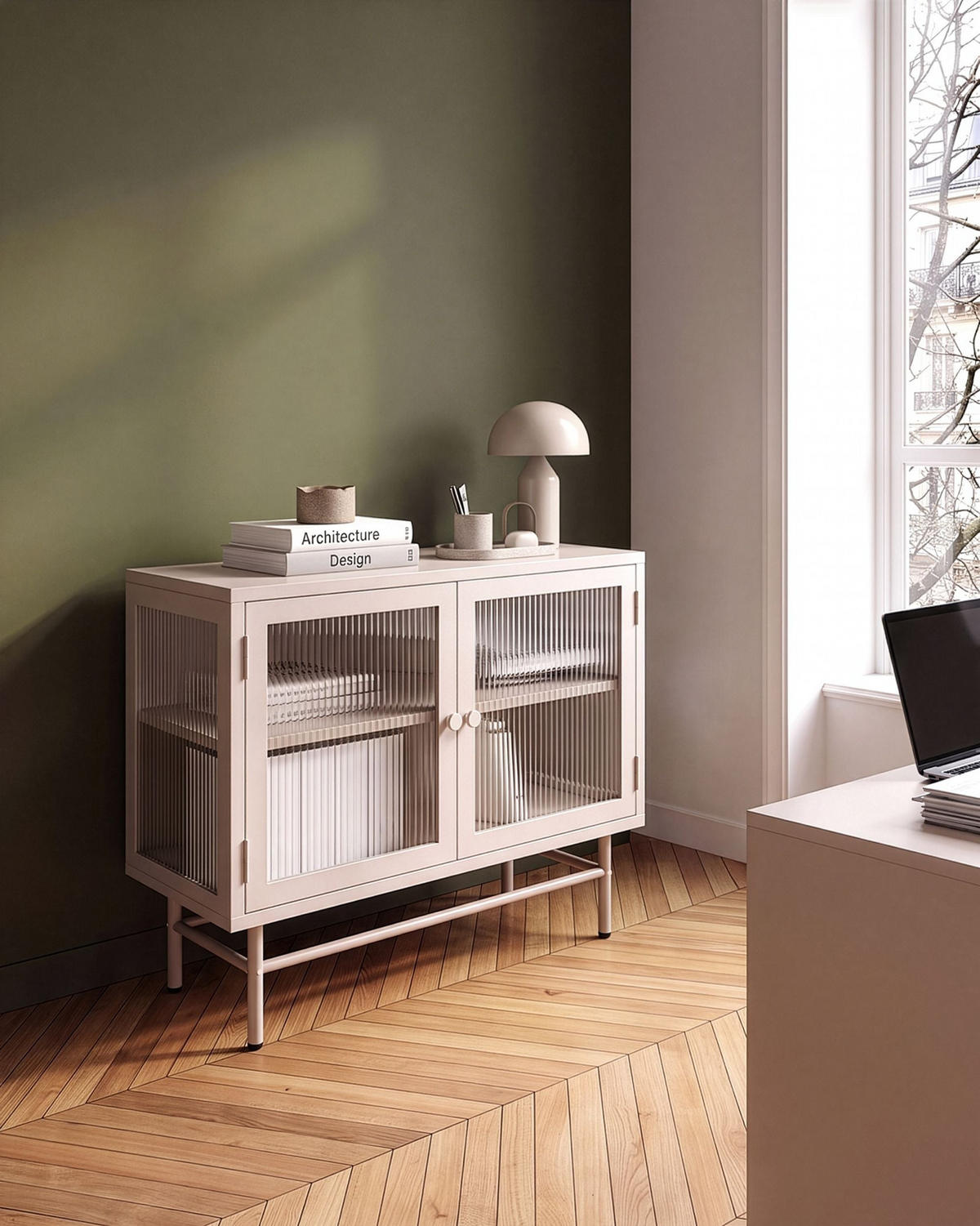 SIDEBOARD se skleněnými dveřmi Kov 77 cm Béžový Devon - béžová, kov (77/64/35cm) - Beliani