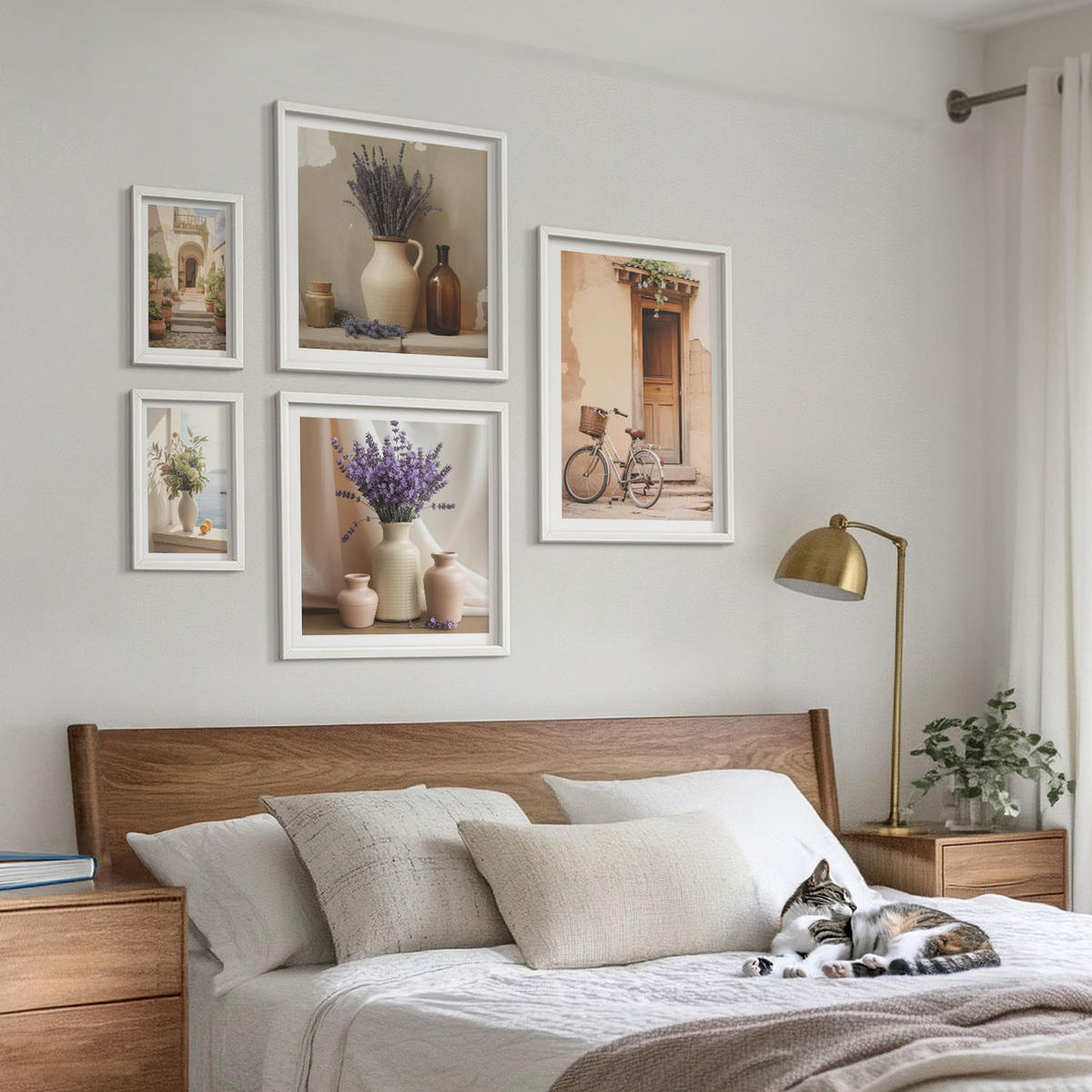 BILDER SET 5er Set - 50x50 cm & 20x30 cm & 40x60 cm Weißer Rahmen - Friedliche Zen-Blumen-Buddha-Komposition - Weiß, Kunststoff (40/60cm) - TULUP