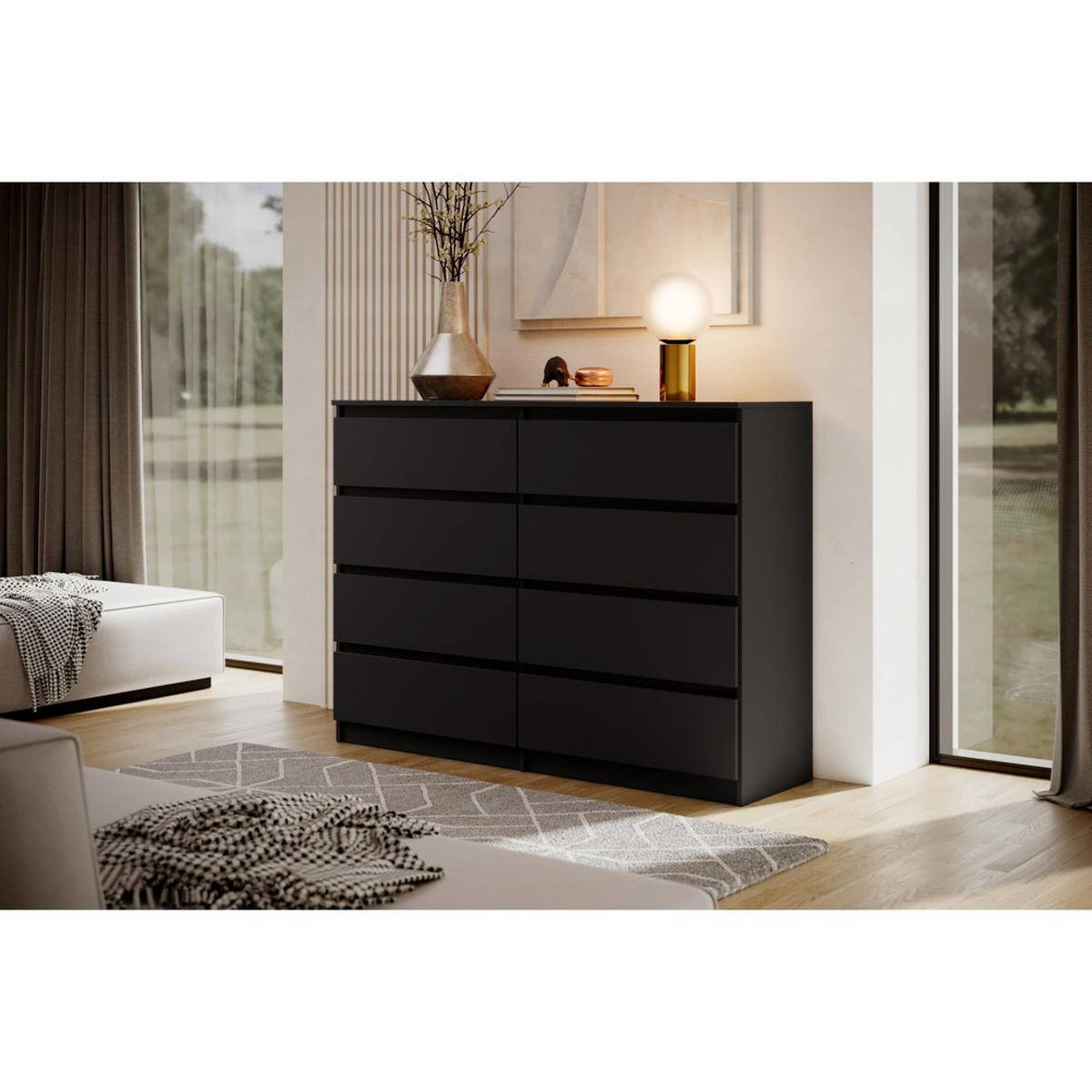 KOMMODE Lemon 140 cm mit acht Schubladen schwarz matt - Schwarz, Holzwerkstoff (140/101.5/39cm) - Beautysofa