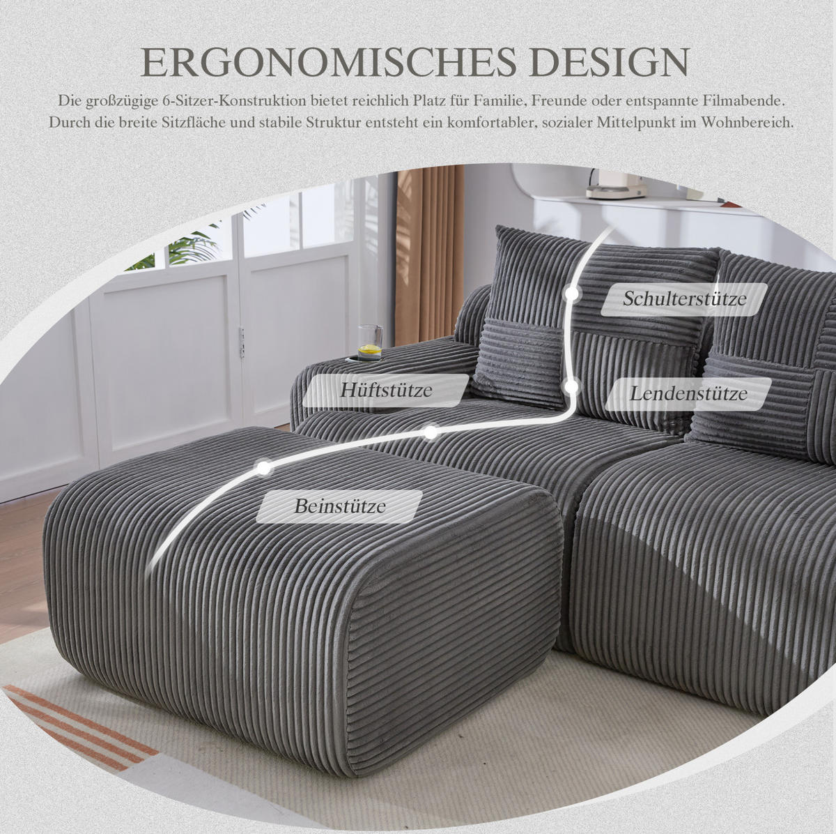 ECKSOFA 200/174/80 cm dunkelgrau aus Cord mit Cupholder und Seitentasche - Dunkelgrau, Textil (174/200cm) - OKWISH