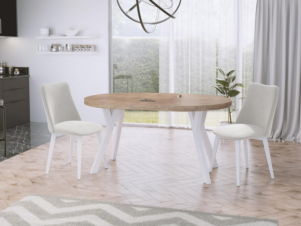 ESSTISCH Twixy runder ausziehbarer, Sonoma Eiche 100-150/100/76 cm - Weiß/Sonoma Eiche, Holz/Holzwerkstoff (100/100/76cm) - WFL GROUP