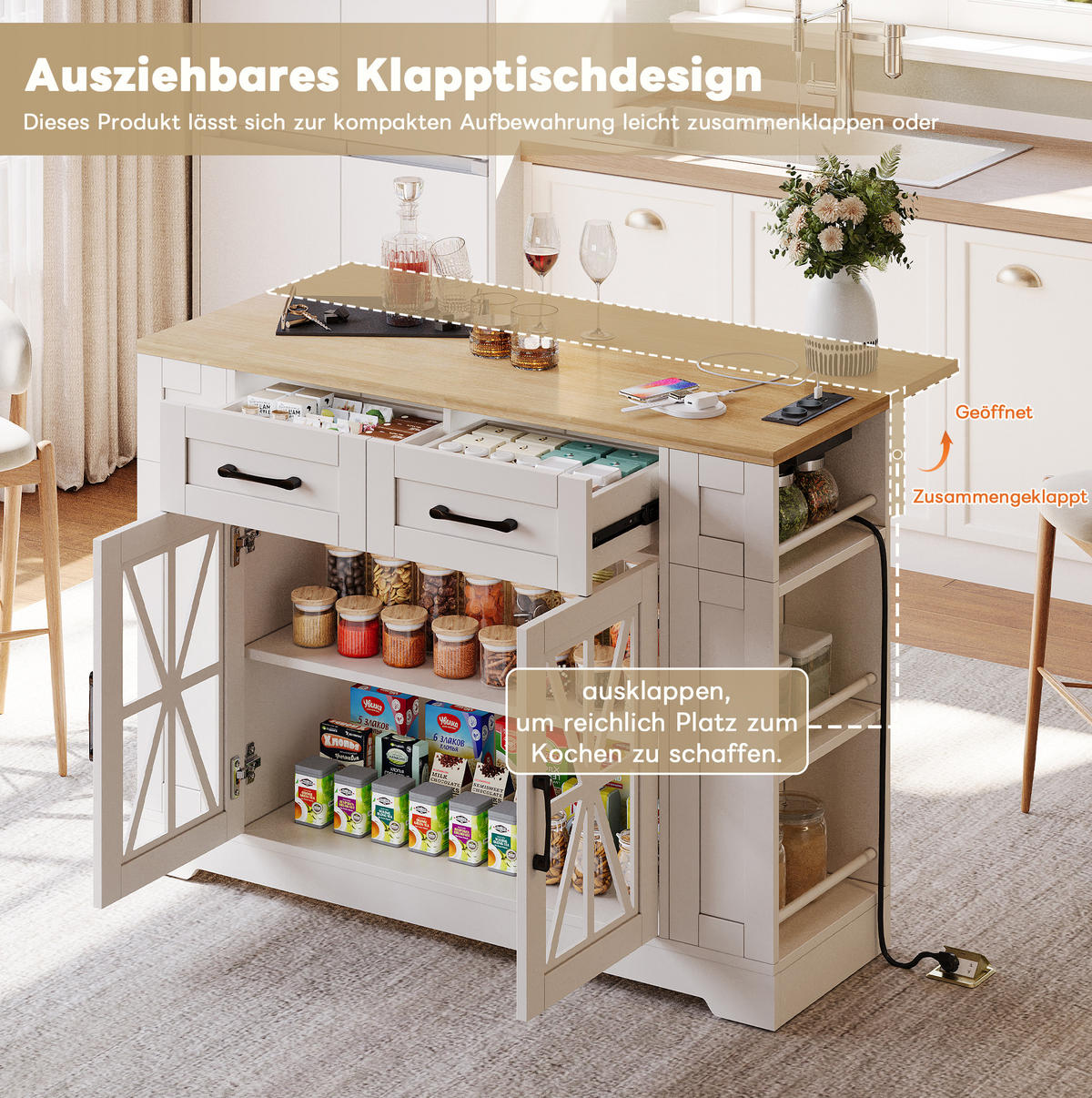 KÜCHENINSEL aus MDF 120x40(65)x92 cm Weiß/Natur mit Klapptisch, 2 AC- und 2 USB-Anschlüssen, Glastüren und Rollen - Weiß, Holzwerkstoff (120/92/65cm) - Modfu