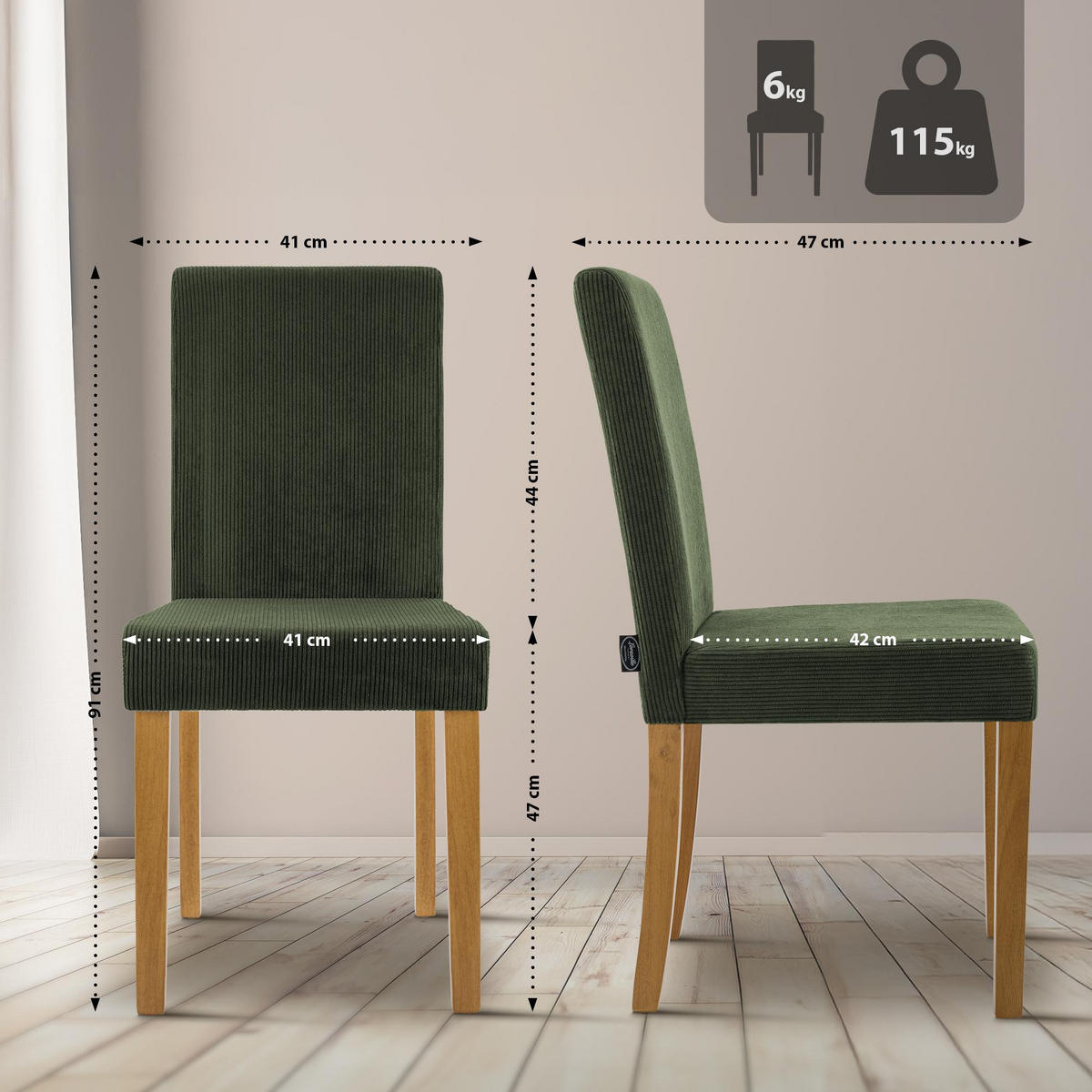 ESSZIMMERSTUHL Cord Grün - Naturfarben/Grün, Holz/Textil (41/91/47cm) - CLP