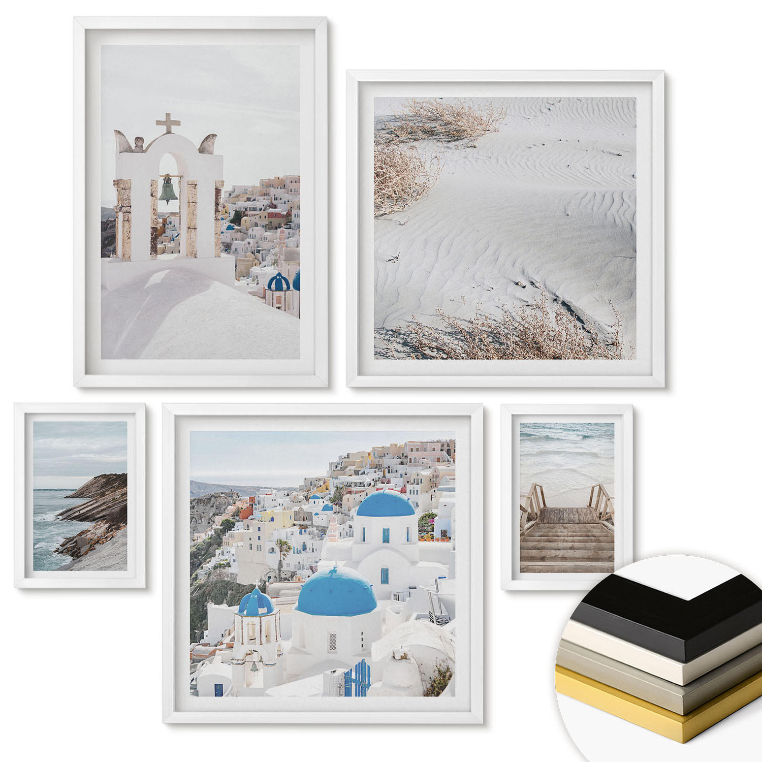 WANDBILDER 5er-Set - 50x50 cm & 20x30 cm & 40x60 cm Weißer Rahmen - Meeresarchitektur Santorin - Weiß, Kunststoff (40/60cm) - ArtPrintCave