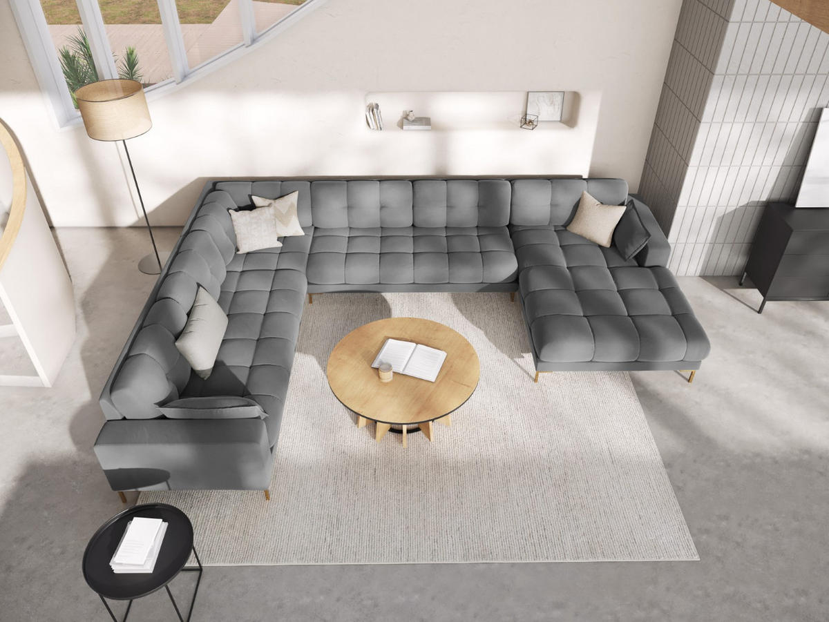PANORAMASOFA links Mamaia aus Samt hellgrau 7 Sitzplätze - Hellgrau, Textil (256/75/327cm) - Micadoni