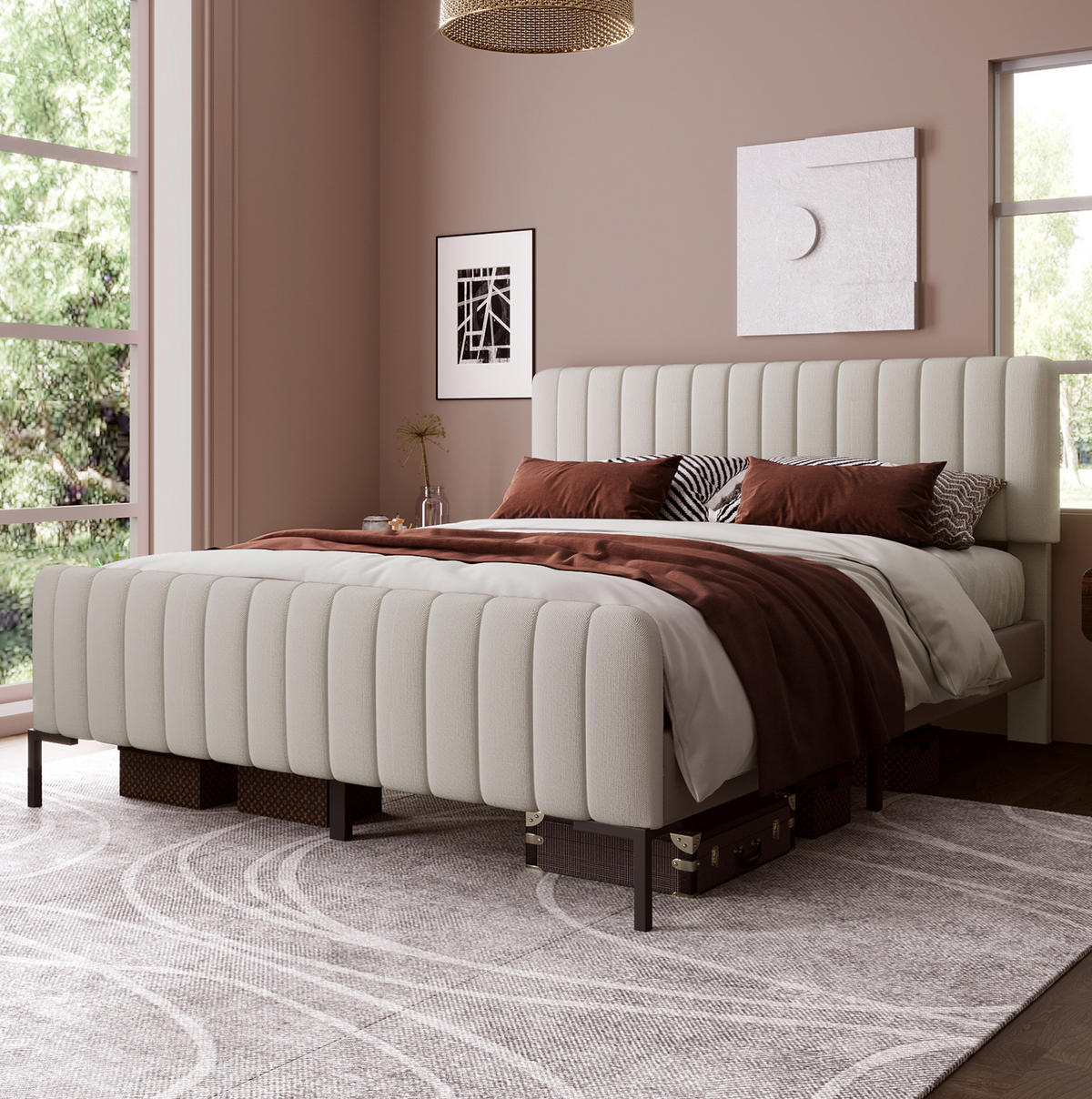 POLSTERBETT aus Massivholz, Leinen und Metall 160x200 cm Grau-Beige mit Matratze und verstellbarem Kopfteil - Grau, Textil (160/200cm) - IVMEU