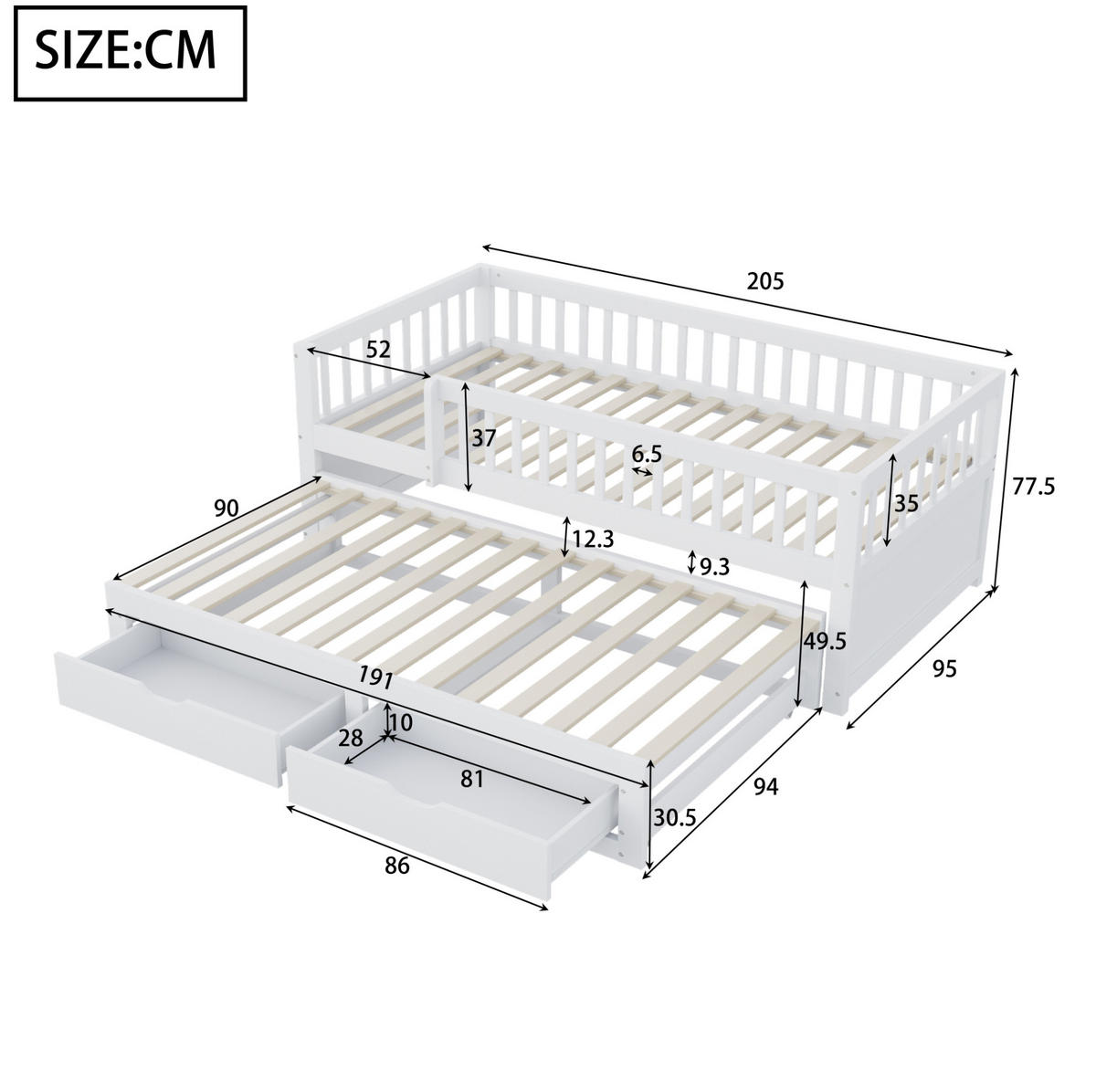 SCHLAFSOFA mit Ausziehbett und 2 Schubladen 90x200 cm Massivholz Weiß - Weiß, Holzwerkstoff (90/200cm) - Beauniv