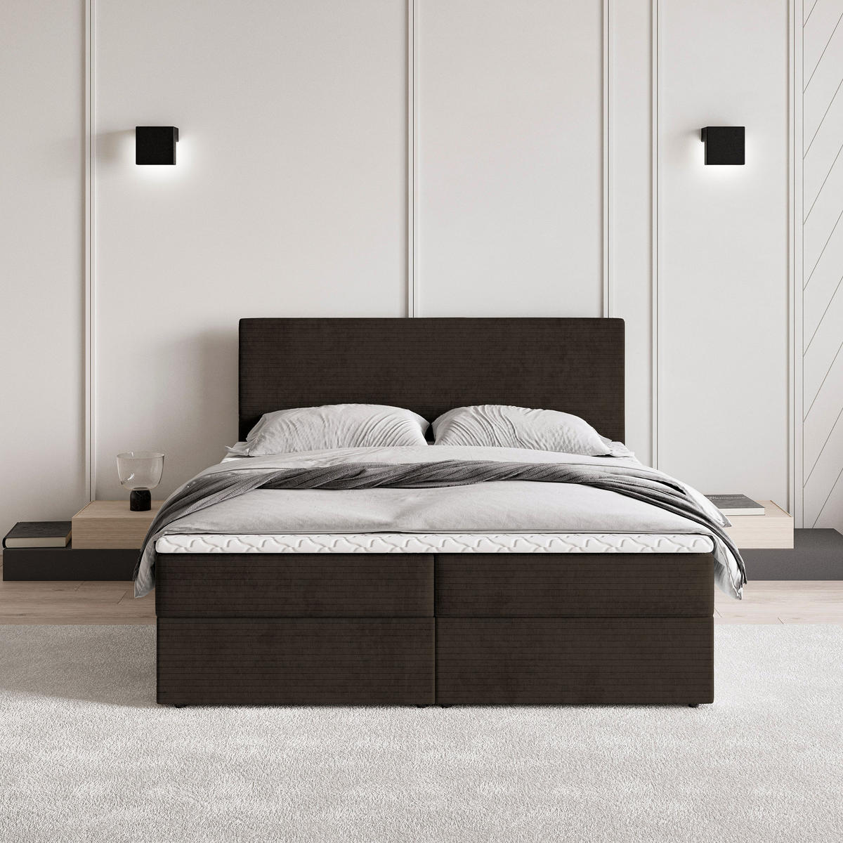 BOXBETT NIRA 180x200 cm mit Matratze und Topper - Braun - Braun, Holz (180/200cm) - MASSENO