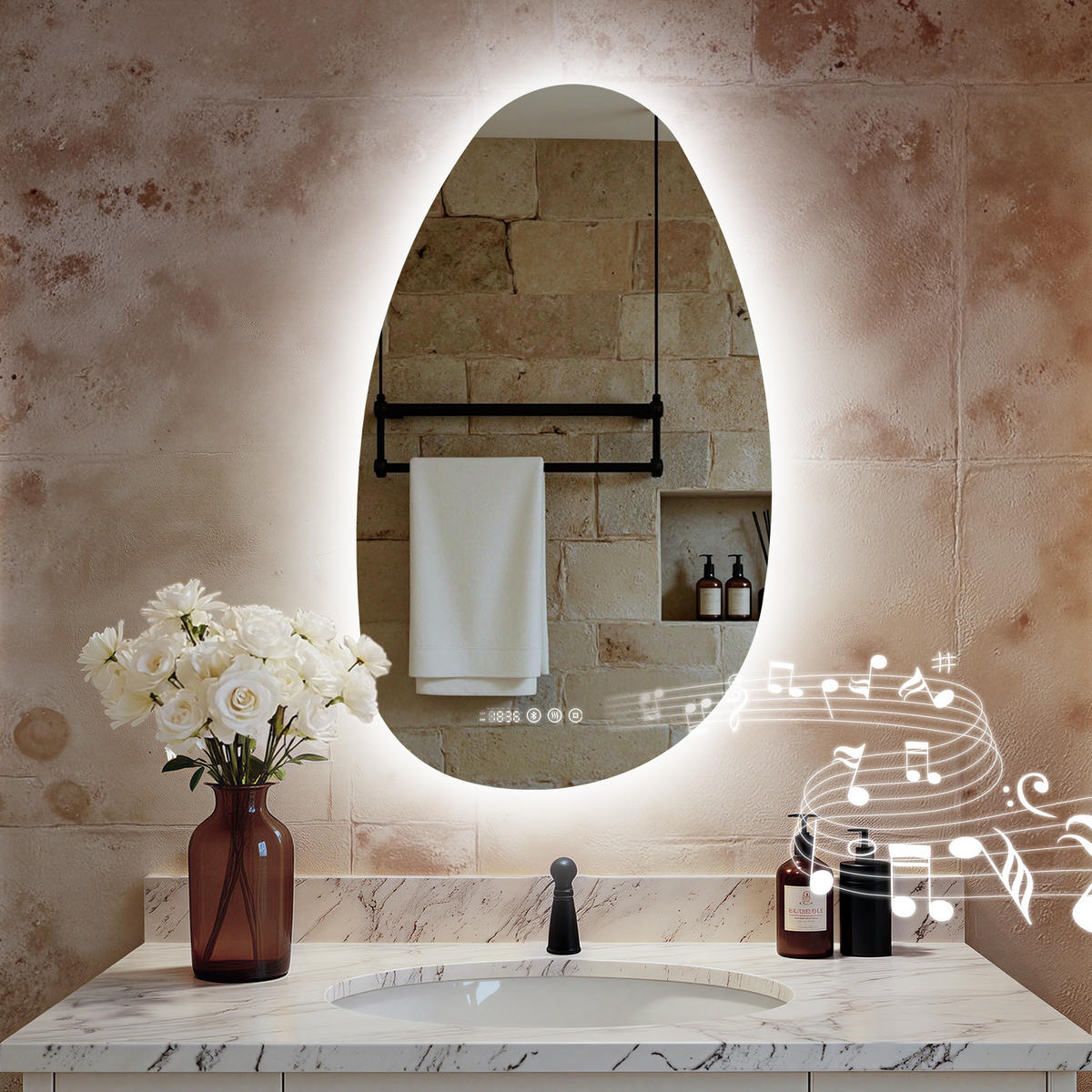 BADSPIEGEL MIT BELEUCHTUNG 85/50 cm asymmetrisch Bluetooth LED mit Antibeschlag - Transparent, Glas (85/50/3cm) - S'AFIELINA