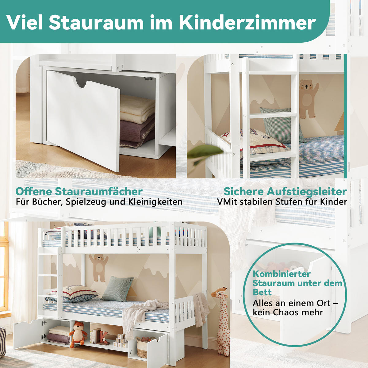 ETAGENBETT 90/200 cm in Weiß aus Massivkiefernholz mit Schubladen und Leiter - Weiß, Holz/Holzwerkstoff (90/200cm) - WISHDOR