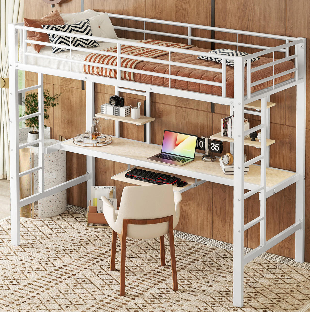 HOCHBETT aus Metall 90x200 cm Weiß mit Schreibtisch, 2 Regalen und Leiter, platzsparend - Weiß, Metall (90/200cm) - Modfu