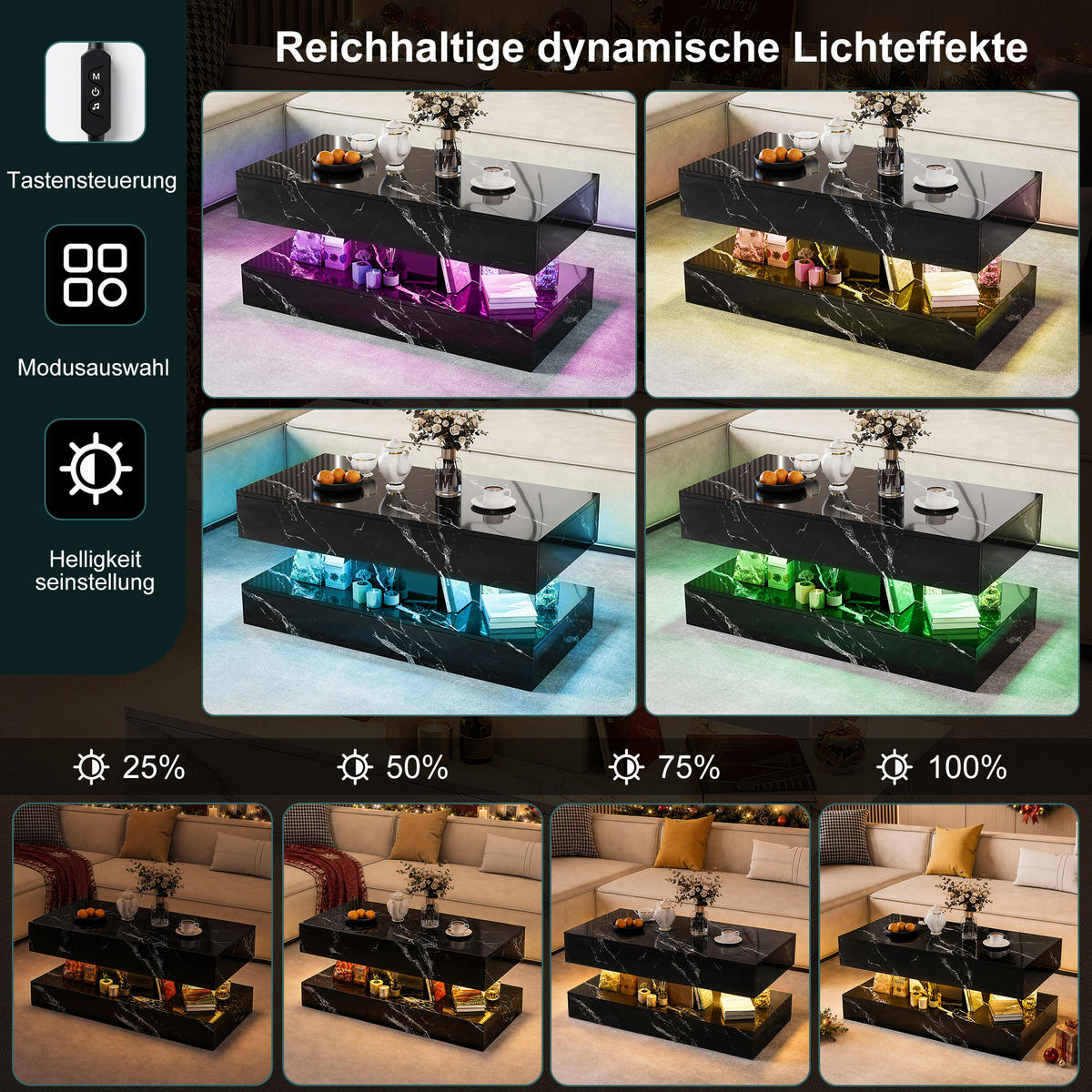 COUCHTISCH 100x50 cm Schwarz Hochglanz Marmoroptik mit LED-Beleuchtung & Schubladen - Schwarz, Holz (100/50/45cm) - SHOPENTRA