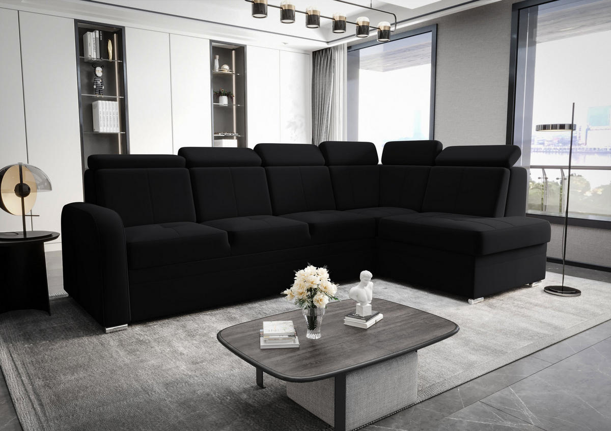 ECKSOFA KONGO RBN11, Eckcouch in L-Form mit Schlaffunktion, Farbe: Schwarz, Velourstoff, Ottomane Rechts - Schwarz, Textil (304/180cm) - O-Sofa