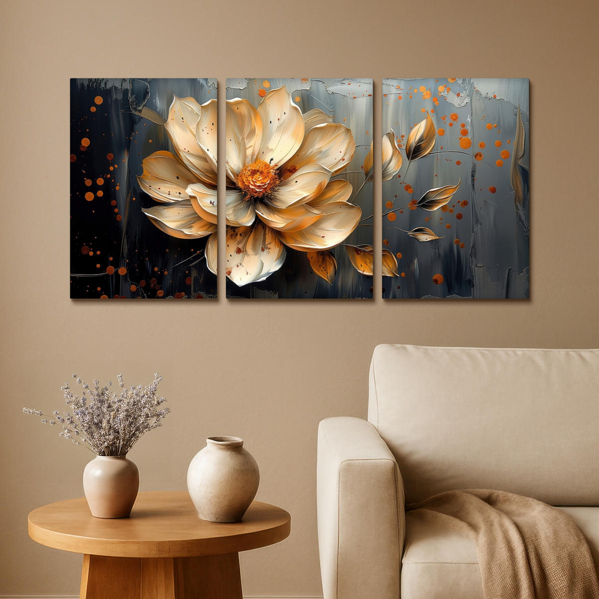 LEINWANDBILD 3er Set Blume - Gold - Abstrakt - Farbe 120x60 cm - Creme, Textil (120/60cm) - MuchoWow