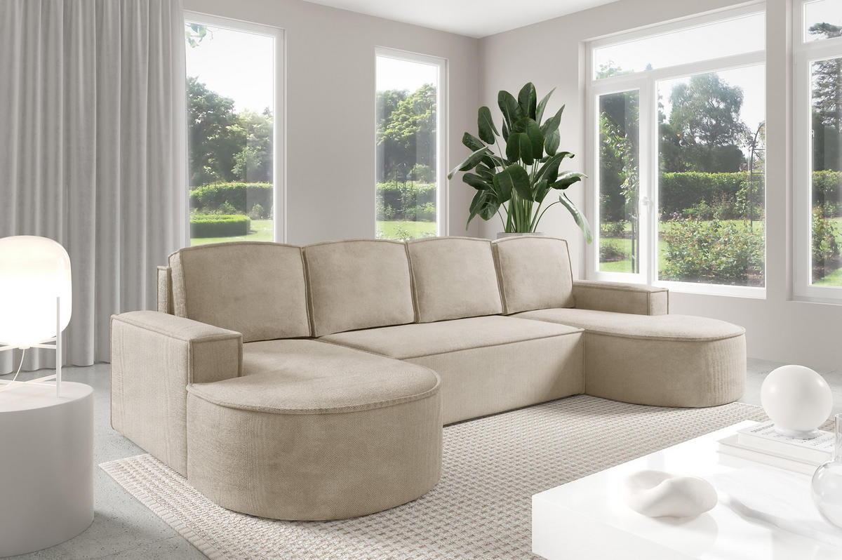 ECKSOFA MOLLY U Freistehendes, mit Schlaffunktion, 140x273cm, Bettkasten und Abnehmbaren Kissen – 316x157x88cm, Curio Stoff, Beige - Beige, Holz/Textil (316/157cm) - DomoHome