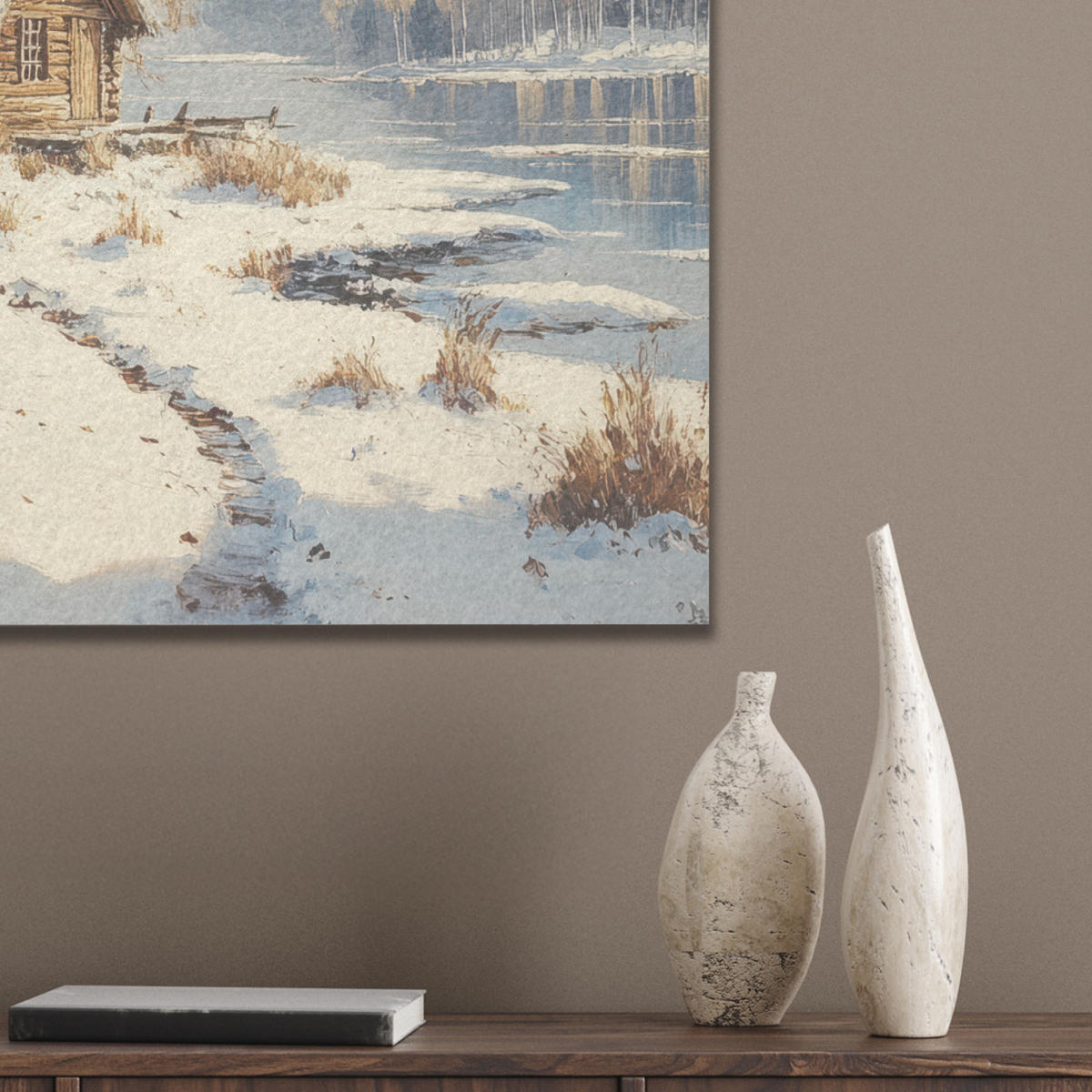 AKUSTIKBILD Winter - Schnee - Zuhause - Natur Kunstdruck Schlafzimmer 50x70 cm - Hellbraun, Kunststoff (50/70/0.9cm) - MuchoWow