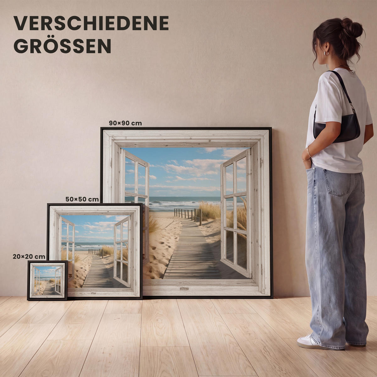 LEINWAND Bilder mit Rahmen - Fenster - Meer - Küste - Natur - Ausblick - Strand - Wattenmeer - 20x20 - Beige, Textil (20/20cm) - MuchoWow