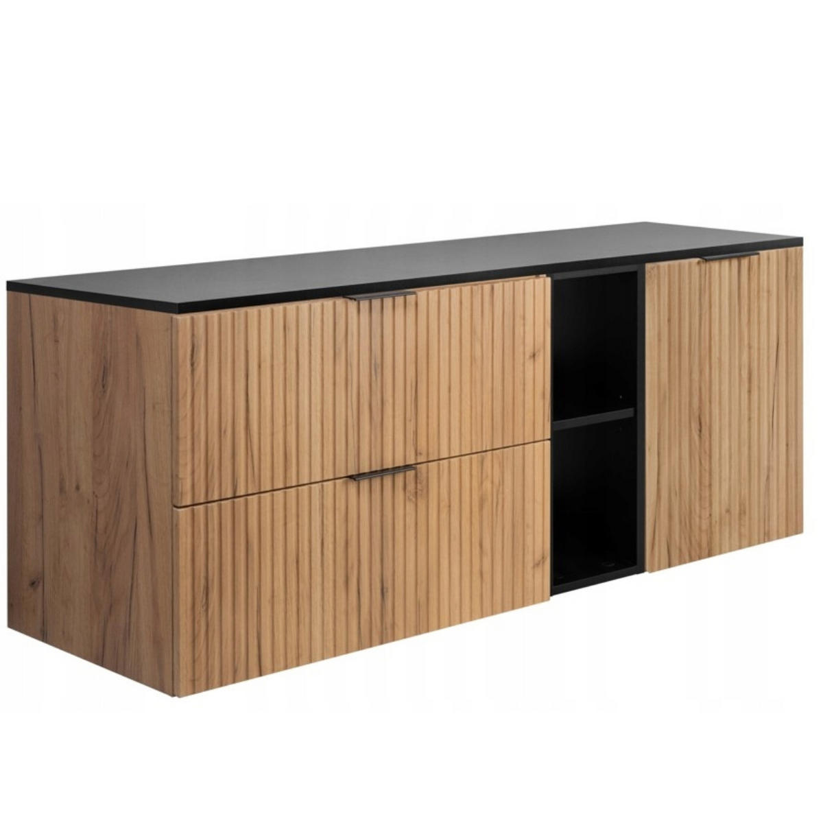 WASCHBECKUNTERSCHRANK FLOW mit Regal + Platte Schwarz matt 140/57/46 cm - Schwarz, Holzwerkstoff (140/57/46cm) - Rodan