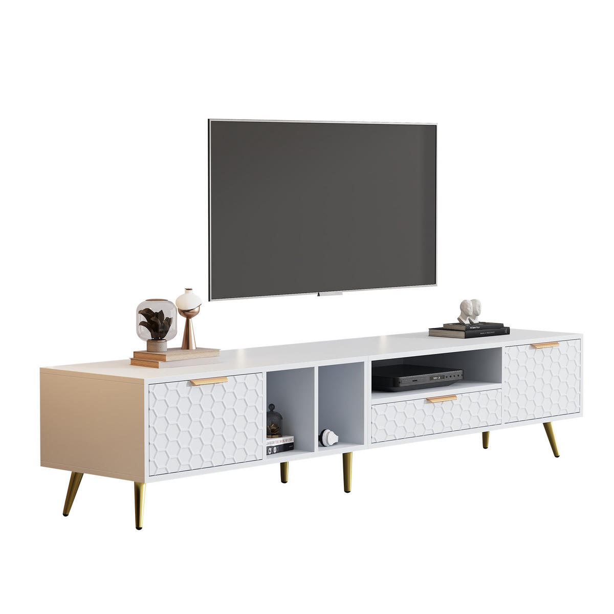 TV-SCHRANK in Weiß mit Wabenfront und goldenen Akzenten 180/40/41 cm - Weiß, Holzwerkstoff (180/40/41cm) - Redom
