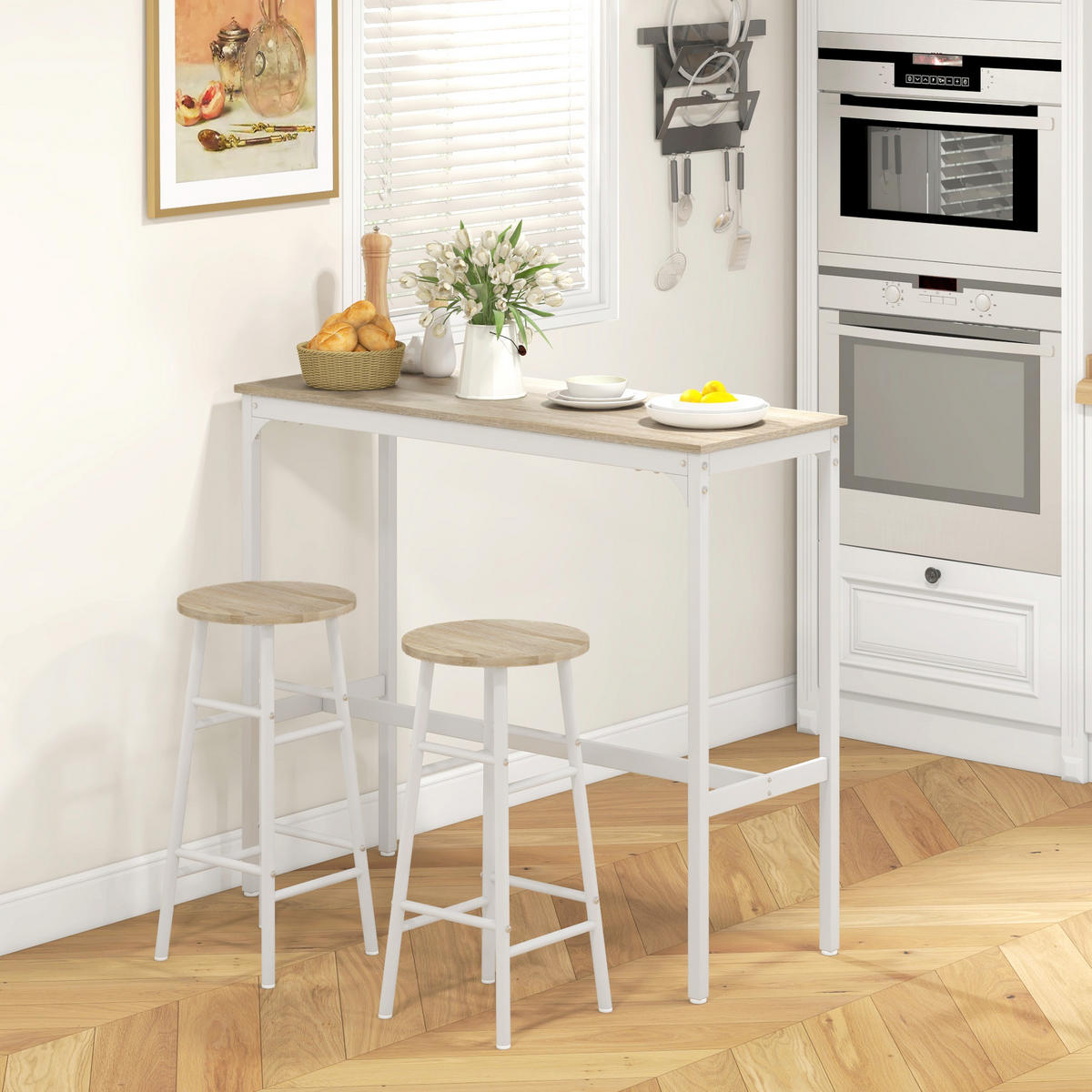 BARTISCH-SET DE-14727 2 Hocker mit Fußstütze Holzoptik/Weiß - Eichefarben, Holzwerkstoff (105/40/90cm) - ComfortXL