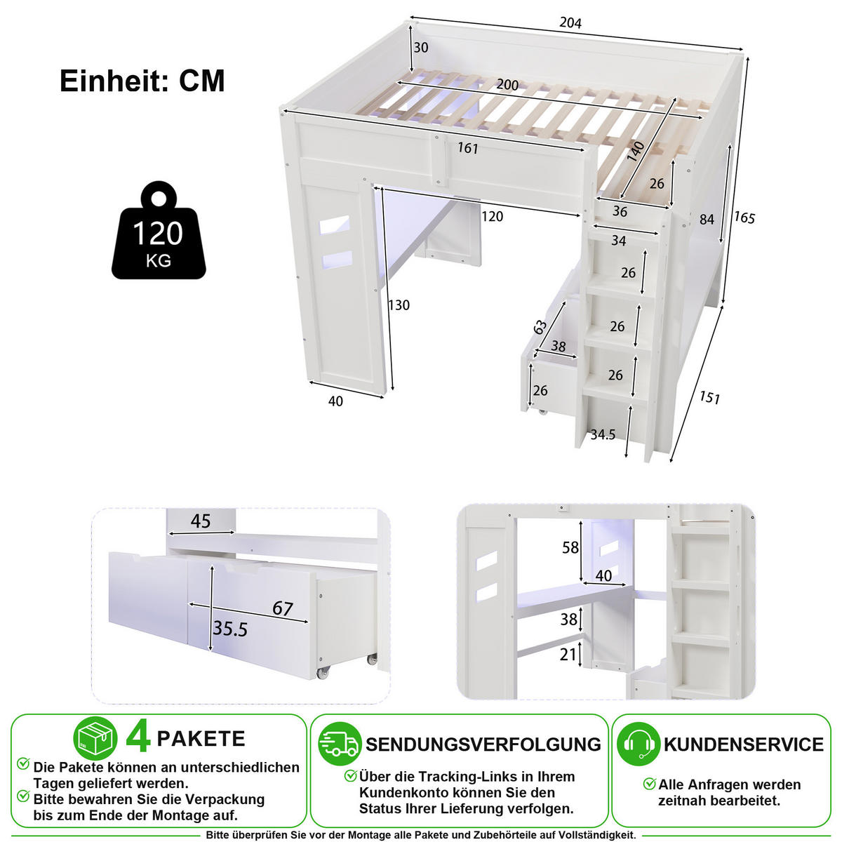 HOCHBETT 140/200 cm in Weiß mit Schreibtisch, 2 Schubladen, LED und USB/Type-C - Weiß, Holz/Holzwerkstoff (140/200cm) - CHICFURN