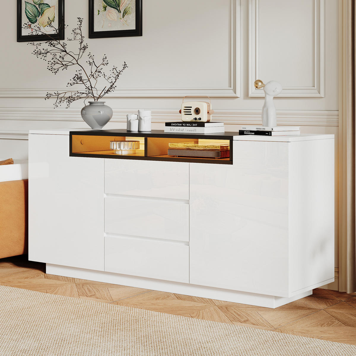 SIDEBOARD 140/40/68 cm Weiß/Schwarz aus Spanplatte mit LED-Beleuchtung - Weiß, Holzwerkstoff (40/68/140cm) - OKMYHOME