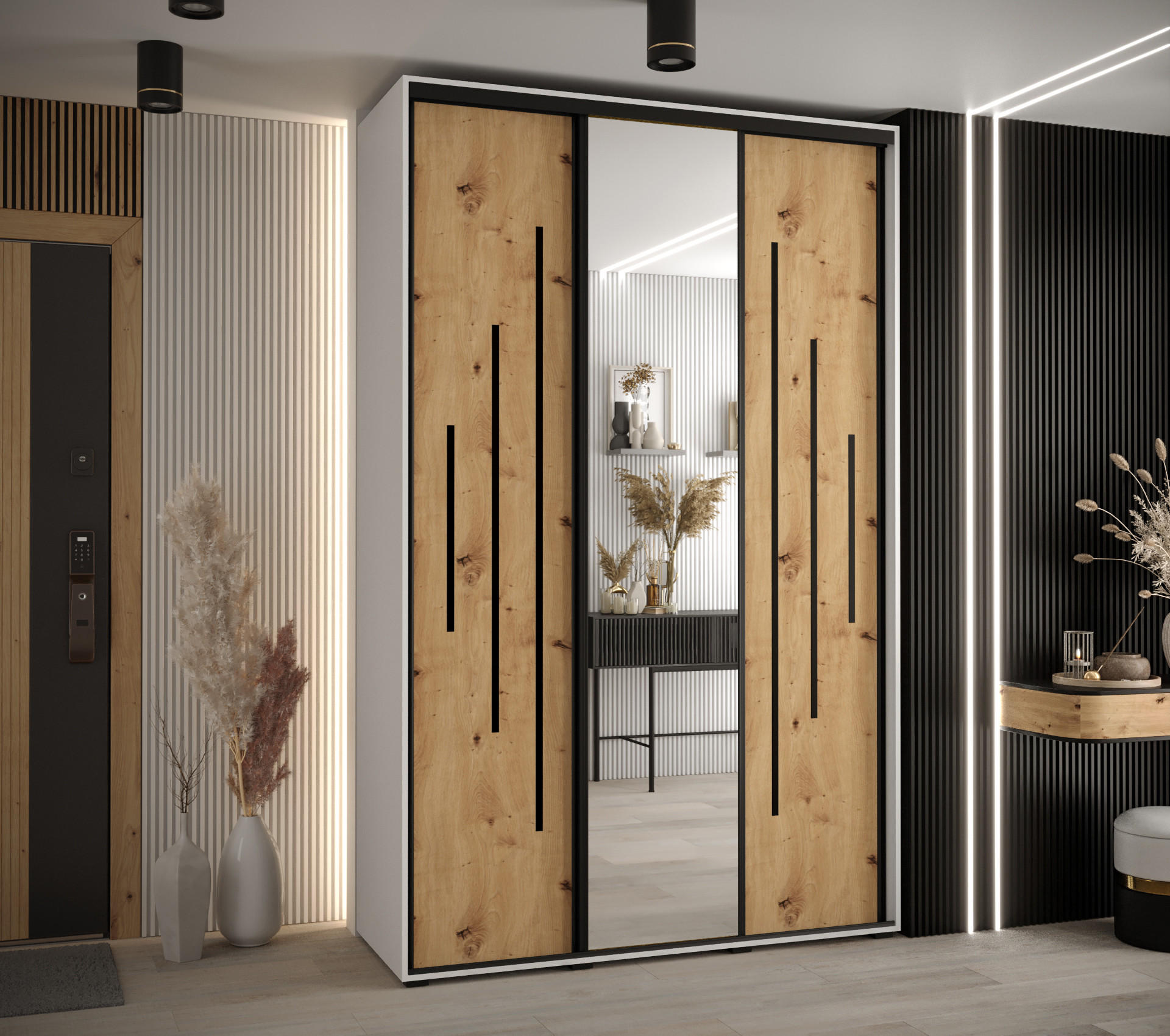SCHWEBETÜRENSCHRANK 235,2/150/60 3-türig - Schwarz/Eiche Artisan, Holz/Metall (150/235/60cm) - Abiks Möbel