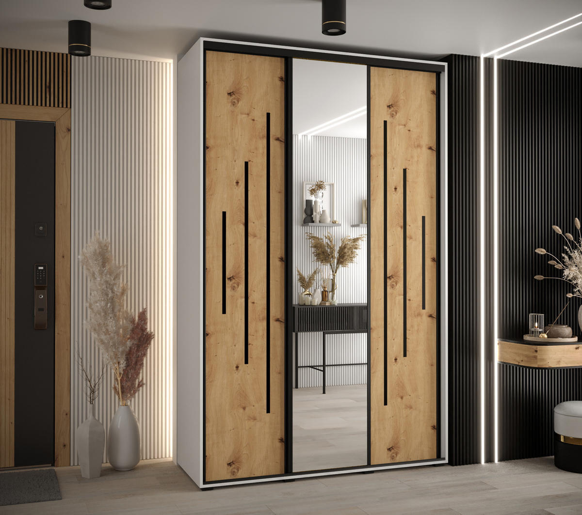 SCHWEBETÜRENSCHRANK 235,2/160/60 3-türig - Schwarz/Eiche Artisan, Holz/Metall (160/235/60cm) - Abiks Möbel