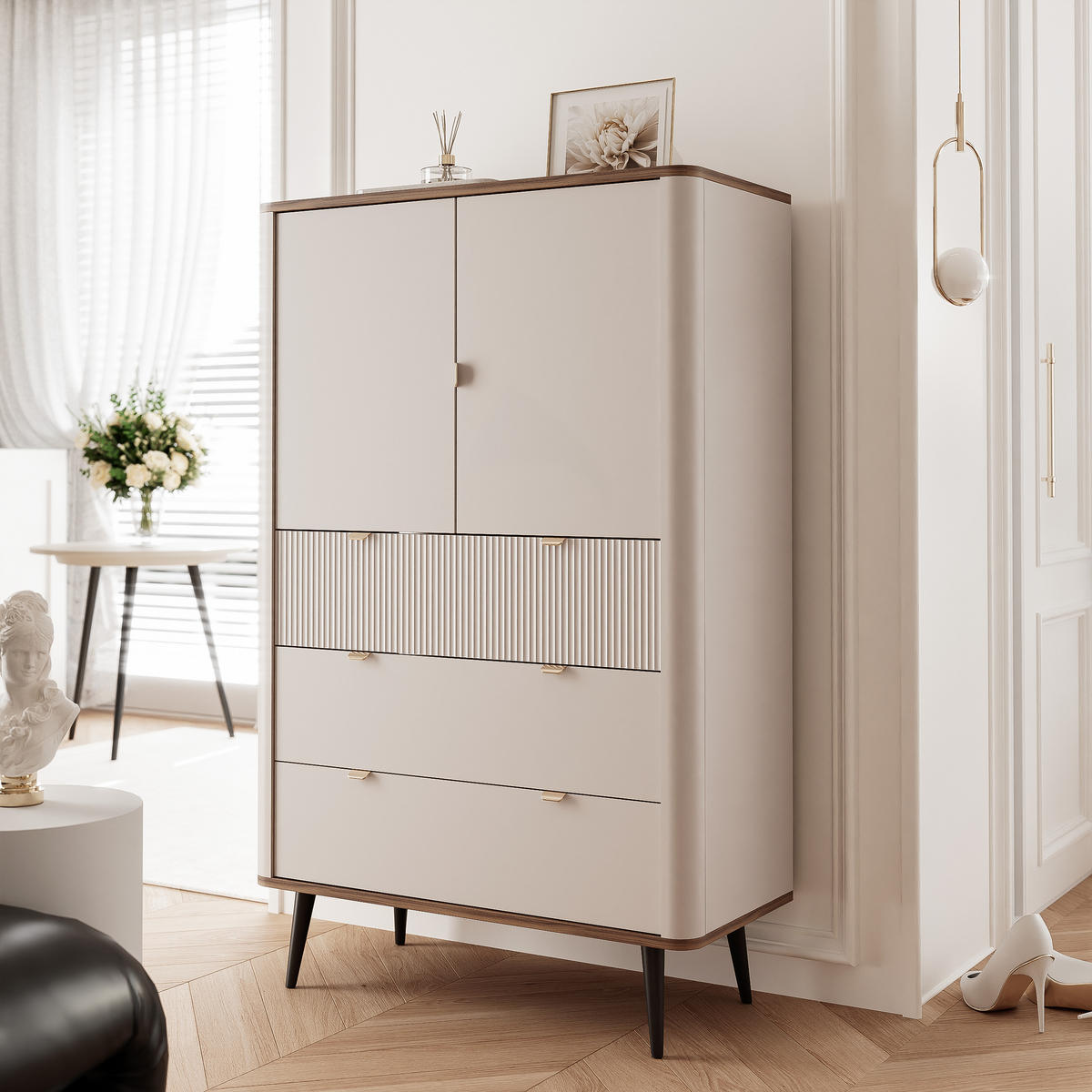 KLEIDERSCHRANK mit Schubladen NAVANI 90 cm Kaschmir Stein - Kaschmir/Schwarz, Holzwerkstoff/Metall (90/142/40cm) - Idohome