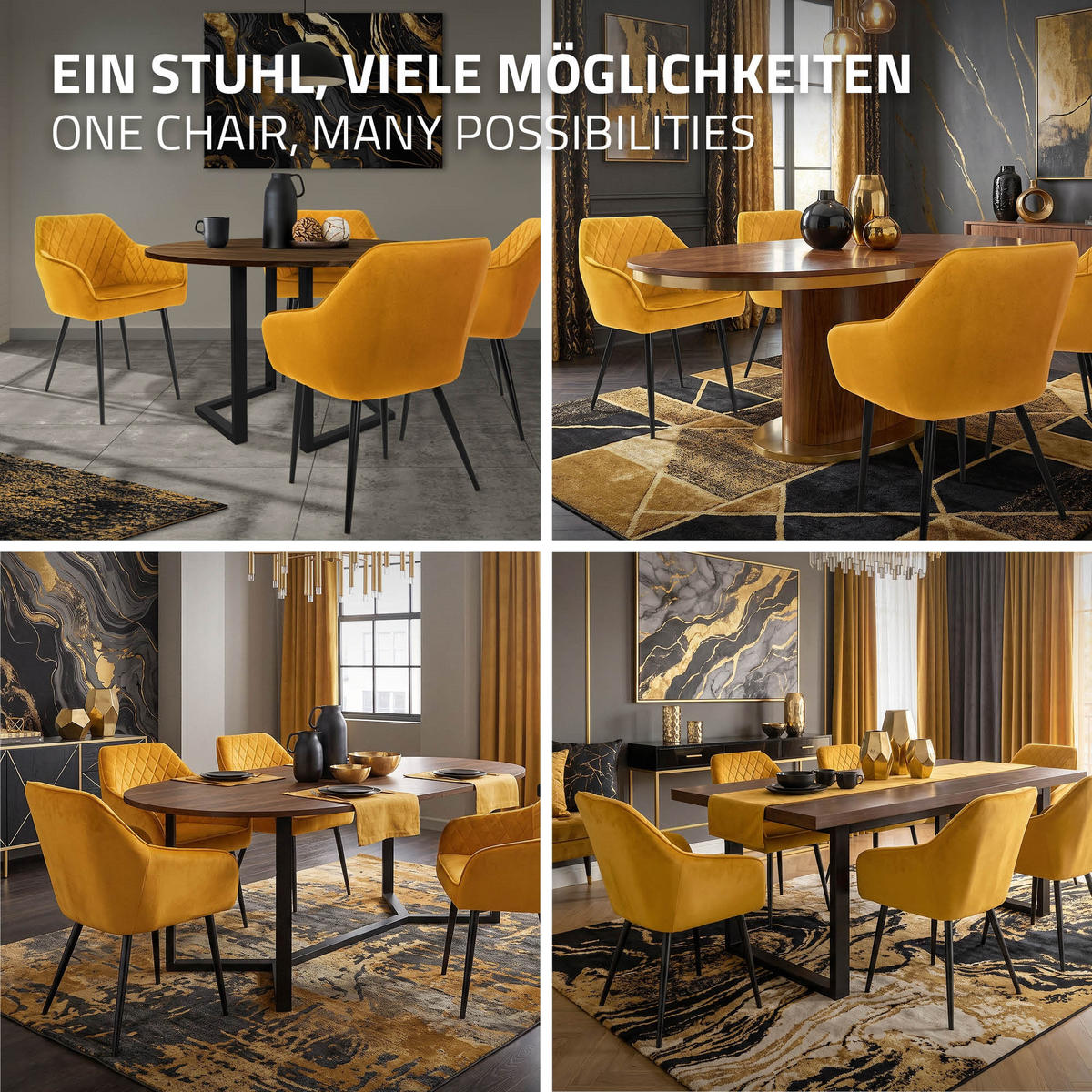 ESSZIMMERSTUHL 6er Set Senfgelb Samt - Gelb/Schwarz, Textil/Metall (63/80/60cm) - ML-DESIGN